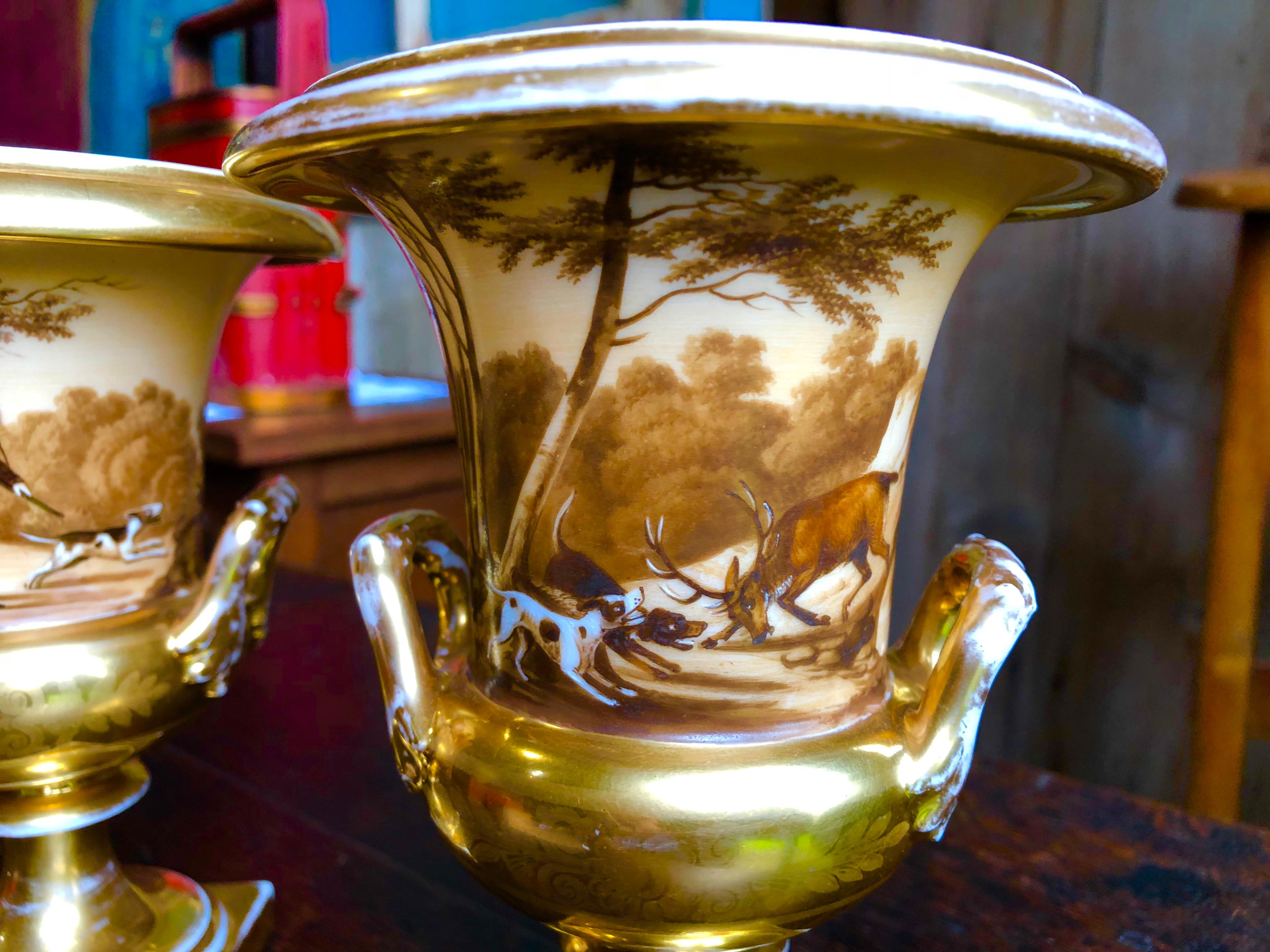 French Pair of Old Paris Urns, Hunting Theme