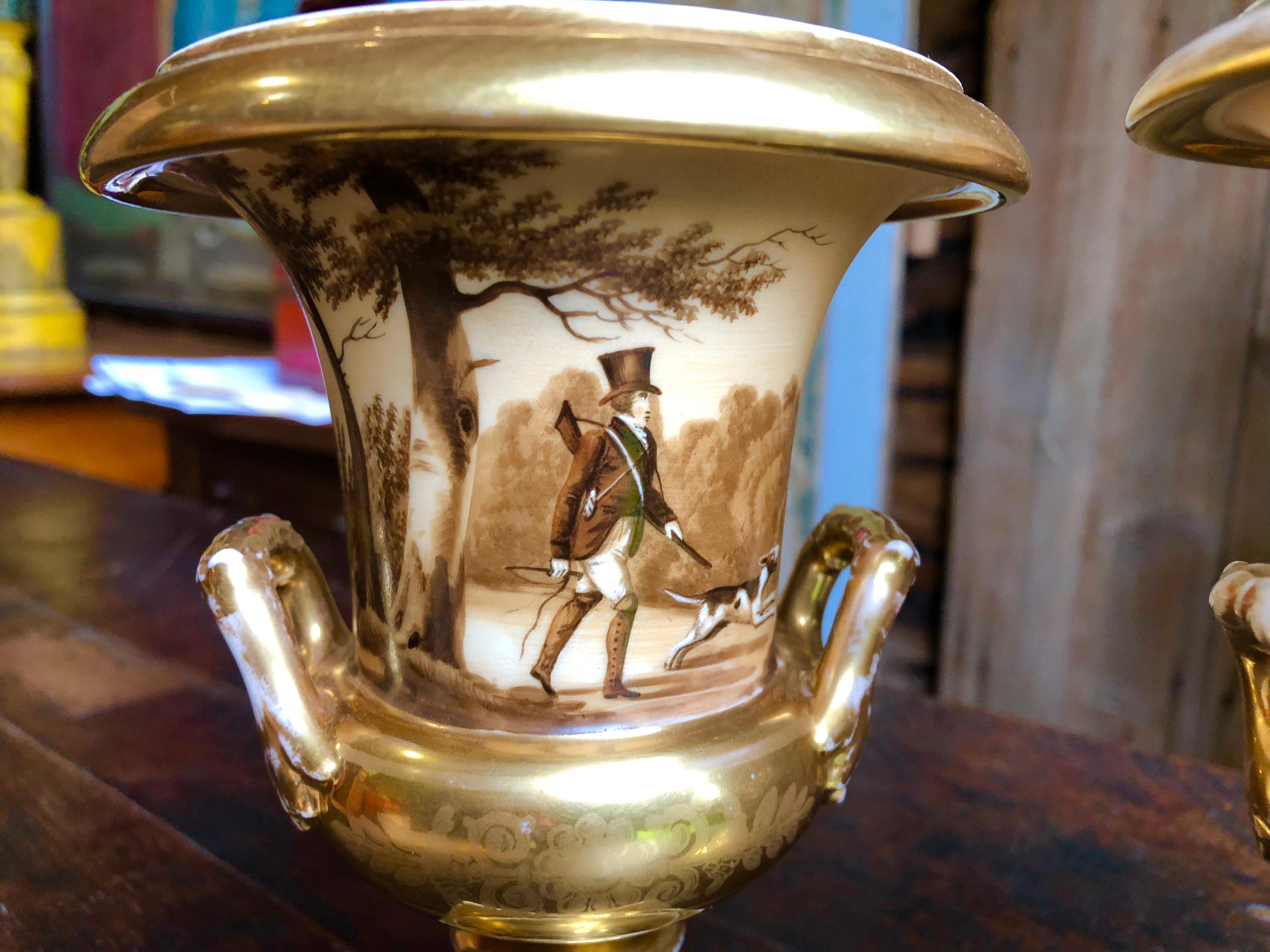 Hand-Painted Pair of Old Paris Urns, Hunting Theme