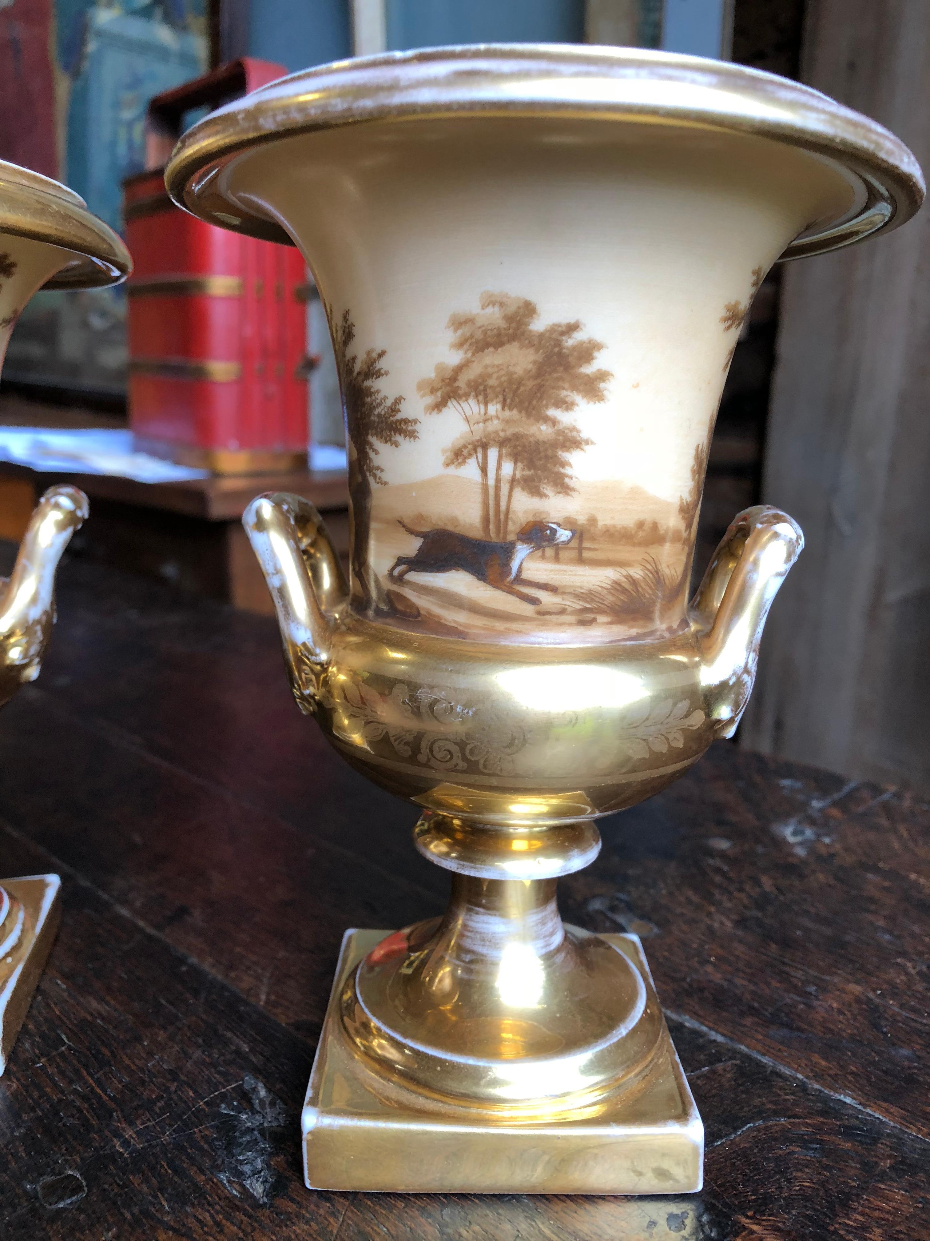 19th Century Pair of Old Paris Urns, Hunting Theme