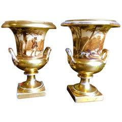 Pair of Old Paris Urns, Hunting Theme