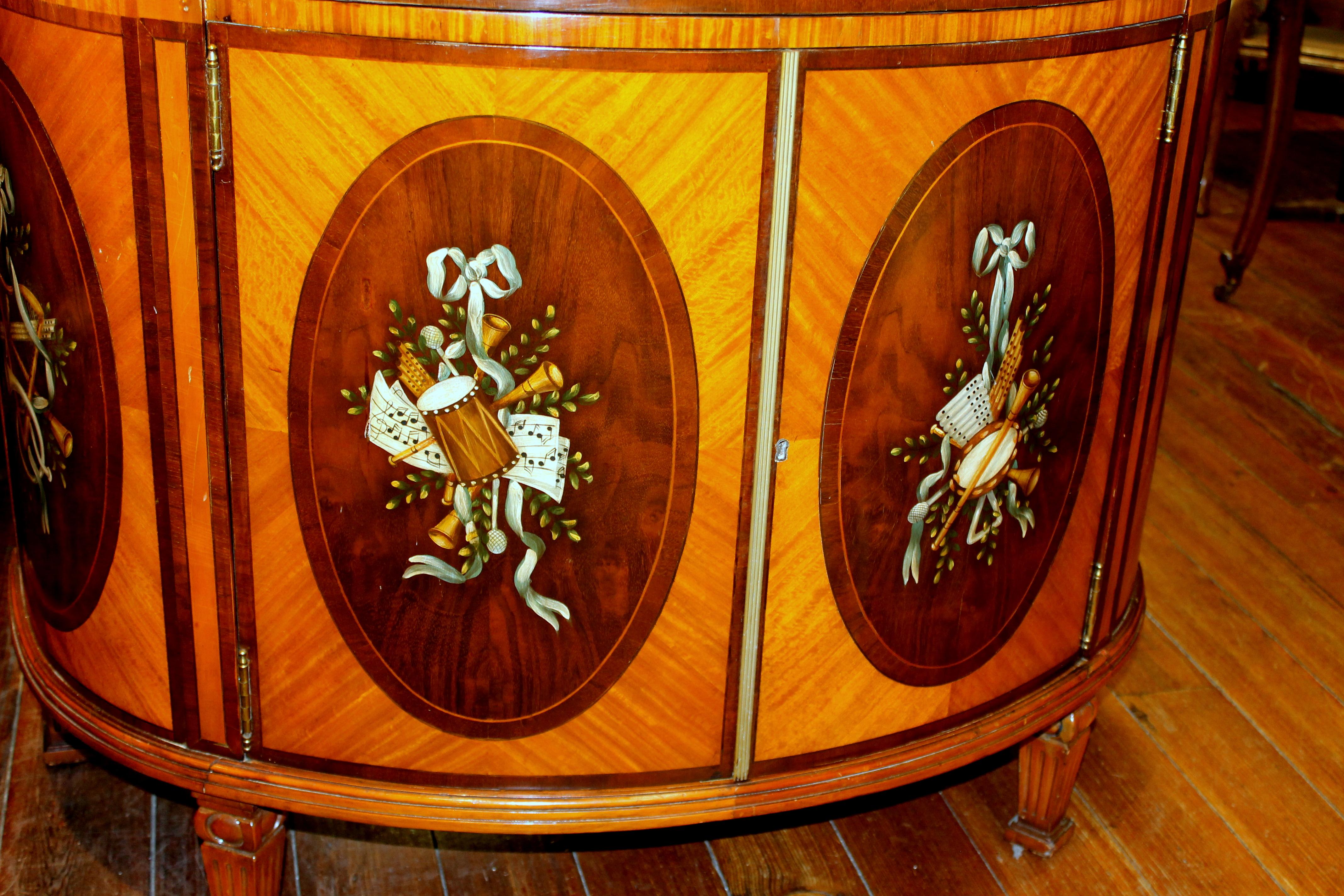 Pair of Old Reprod George III Style Hand Painted Satinwood Demilune Commodes 1