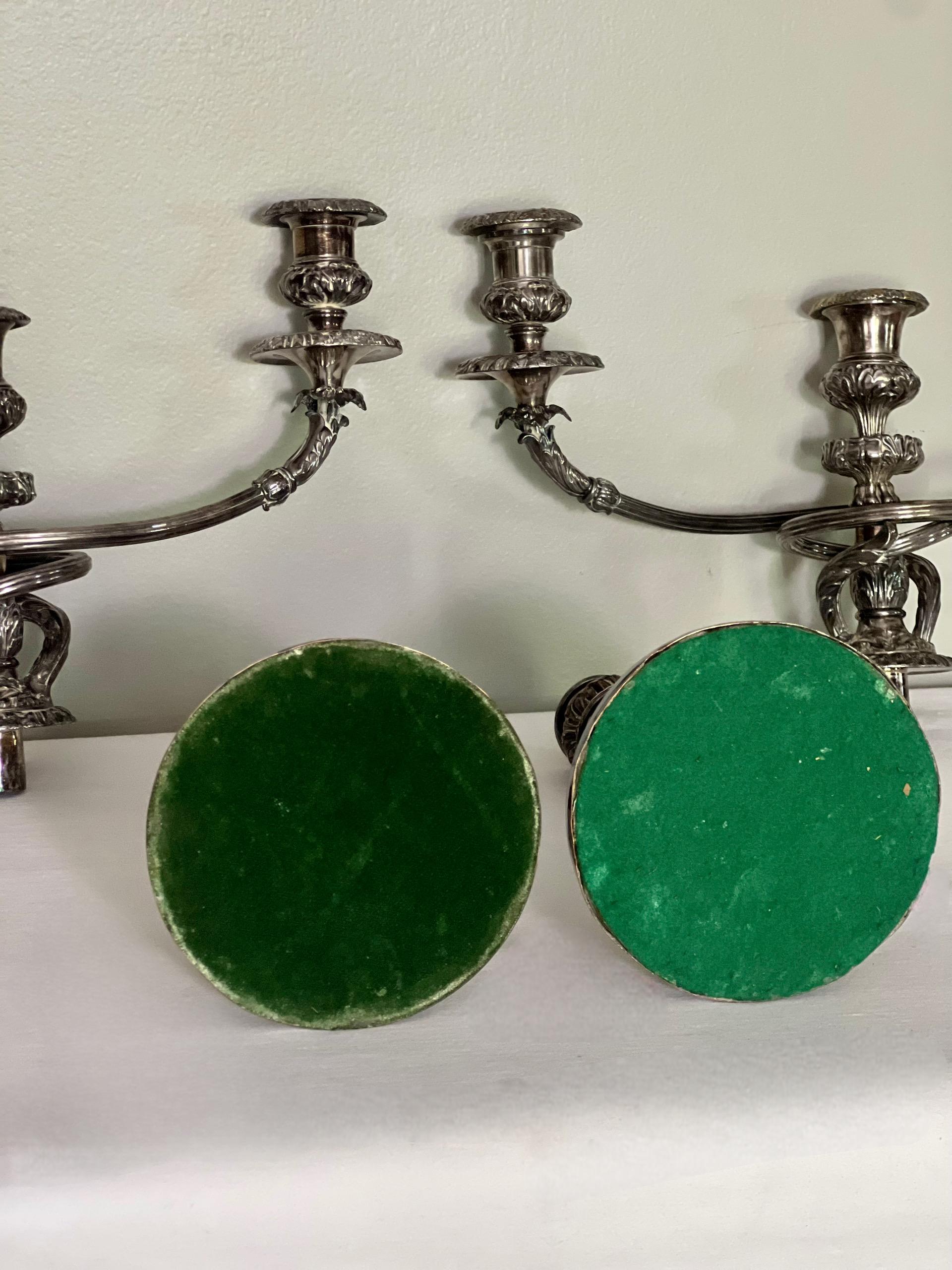 Pair of Old Sheffield Silver Plated Matthew Boulton Three Light Candelabra For Sale 9