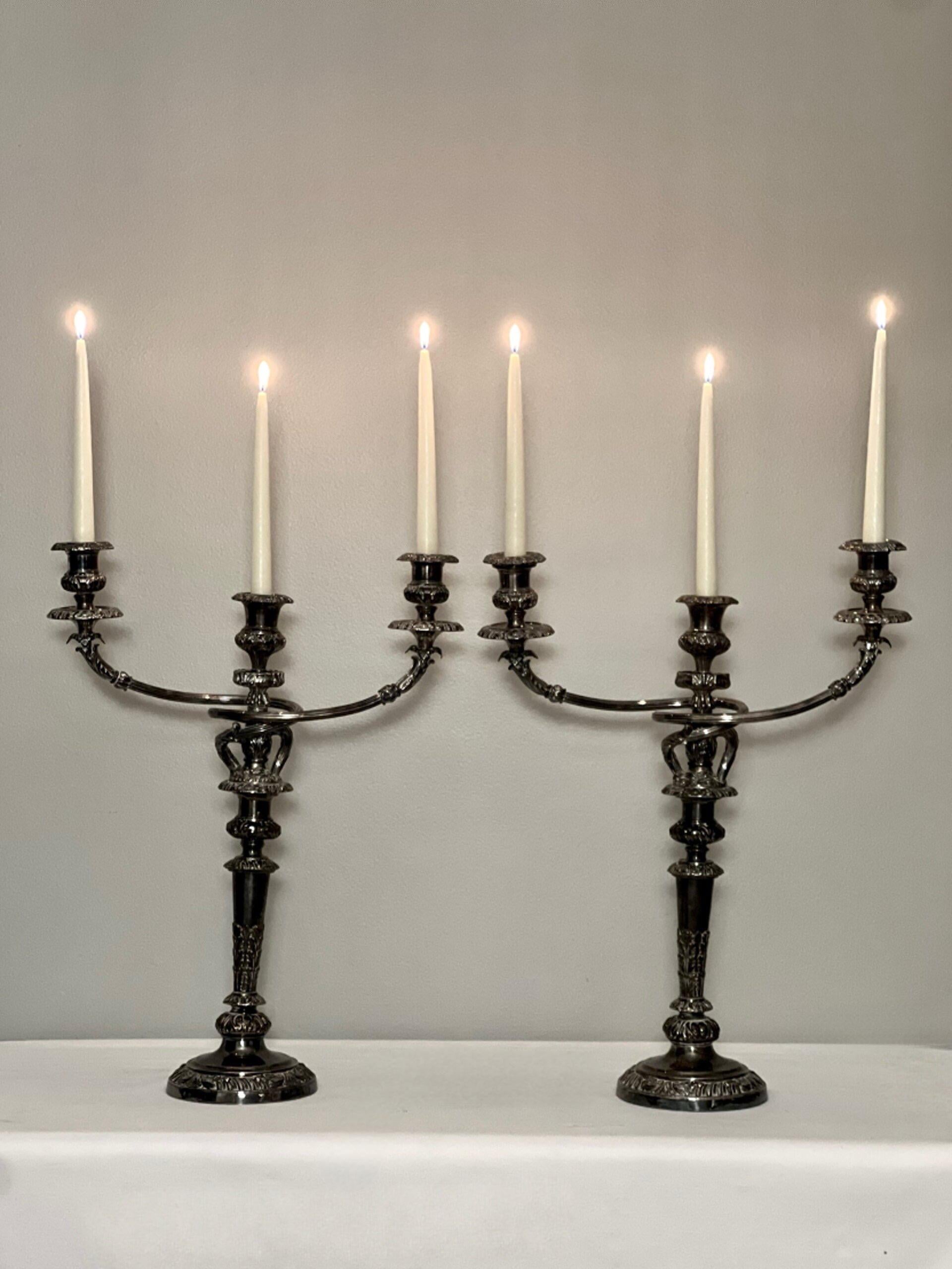 Pair of Old Sheffield Silver Plated Matthew Boulton Three Light Candelabra For Sale 10