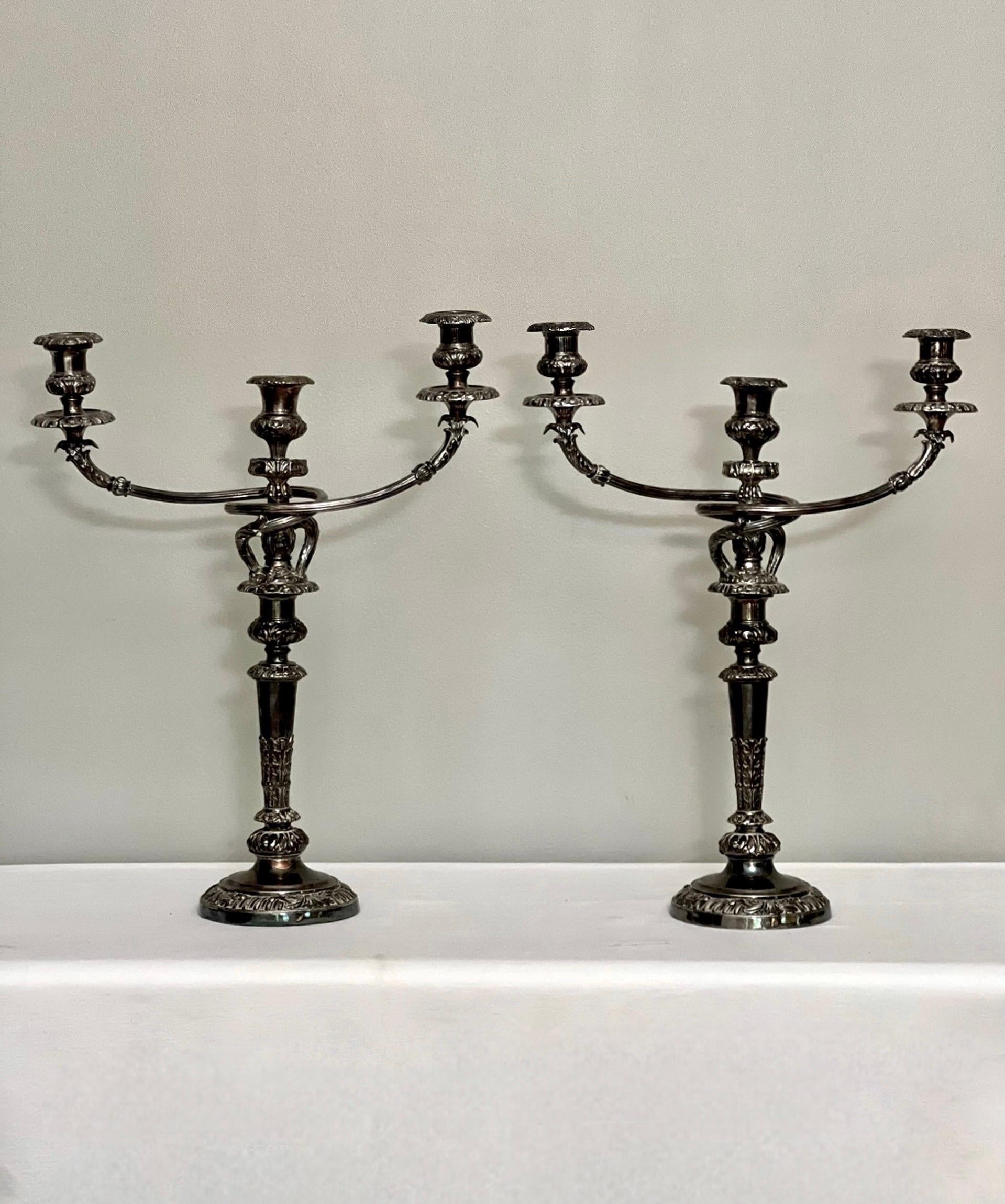 George III Pair of Old Sheffield Silver Plated Matthew Boulton Three Light Candelabra For Sale