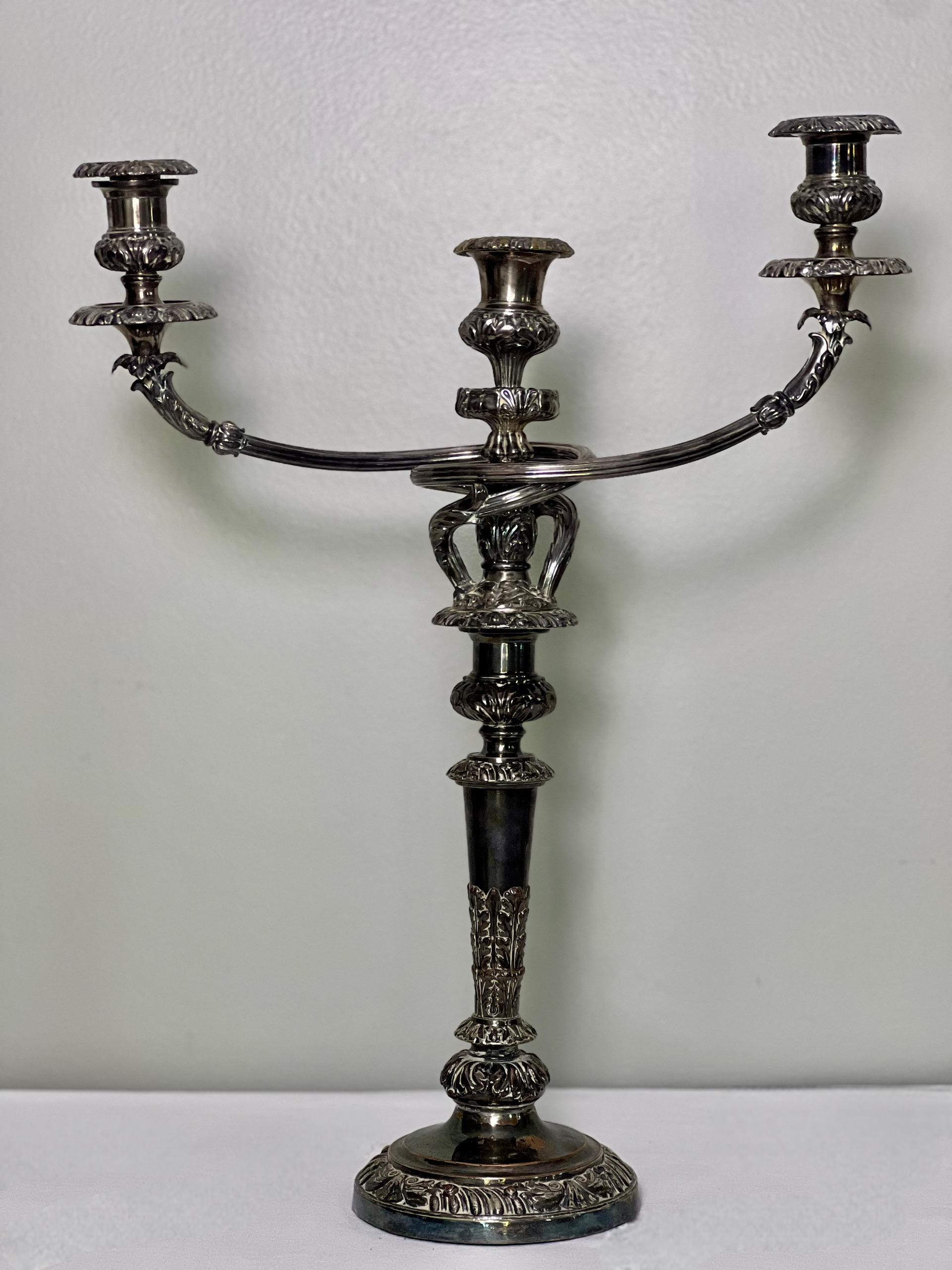English Pair of Old Sheffield Silver Plated Matthew Boulton Three Light Candelabra For Sale