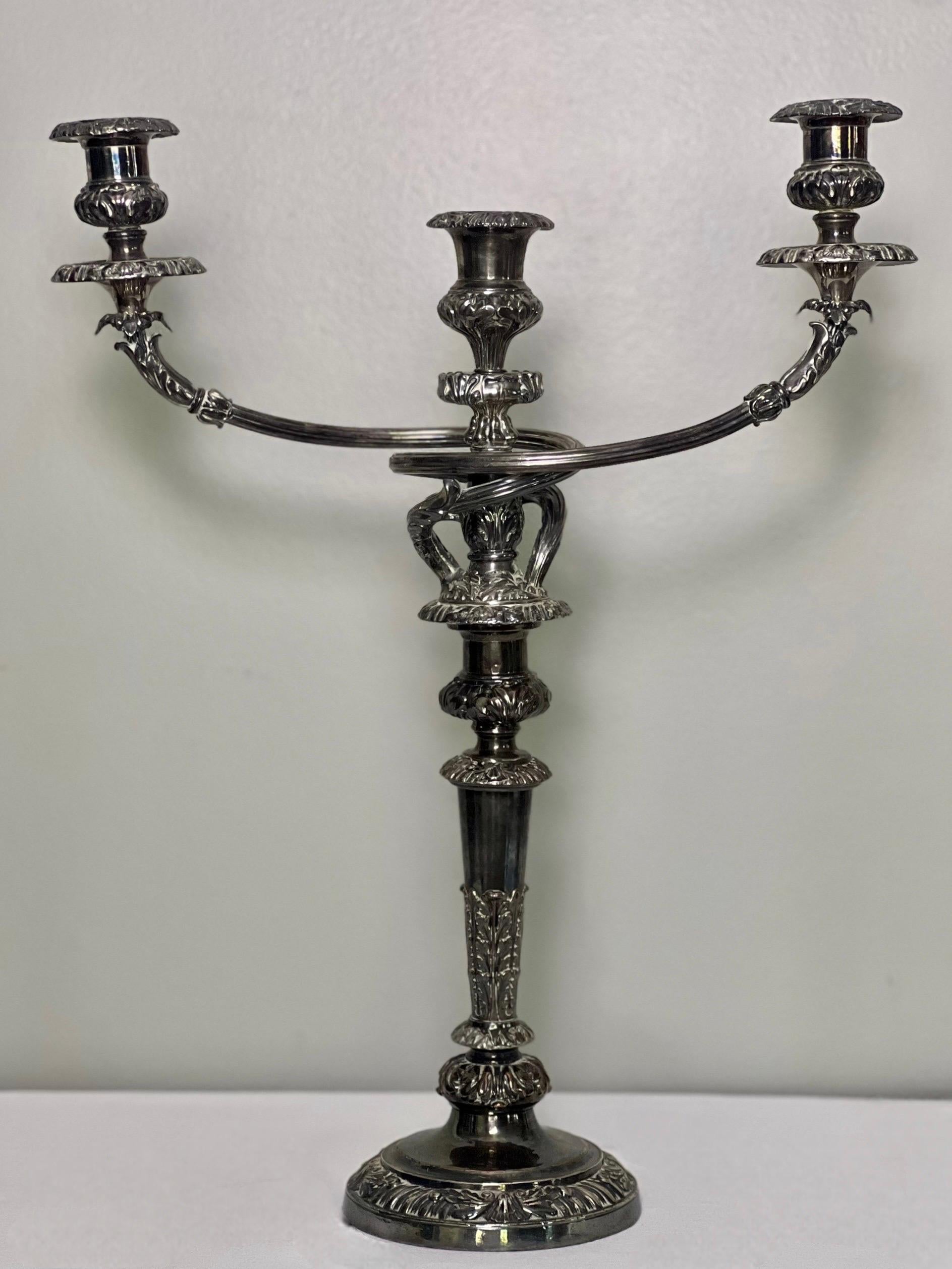 Pair of Old Sheffield Silver Plated Matthew Boulton Three Light Candelabra In Good Condition For Sale In Doylestown, PA