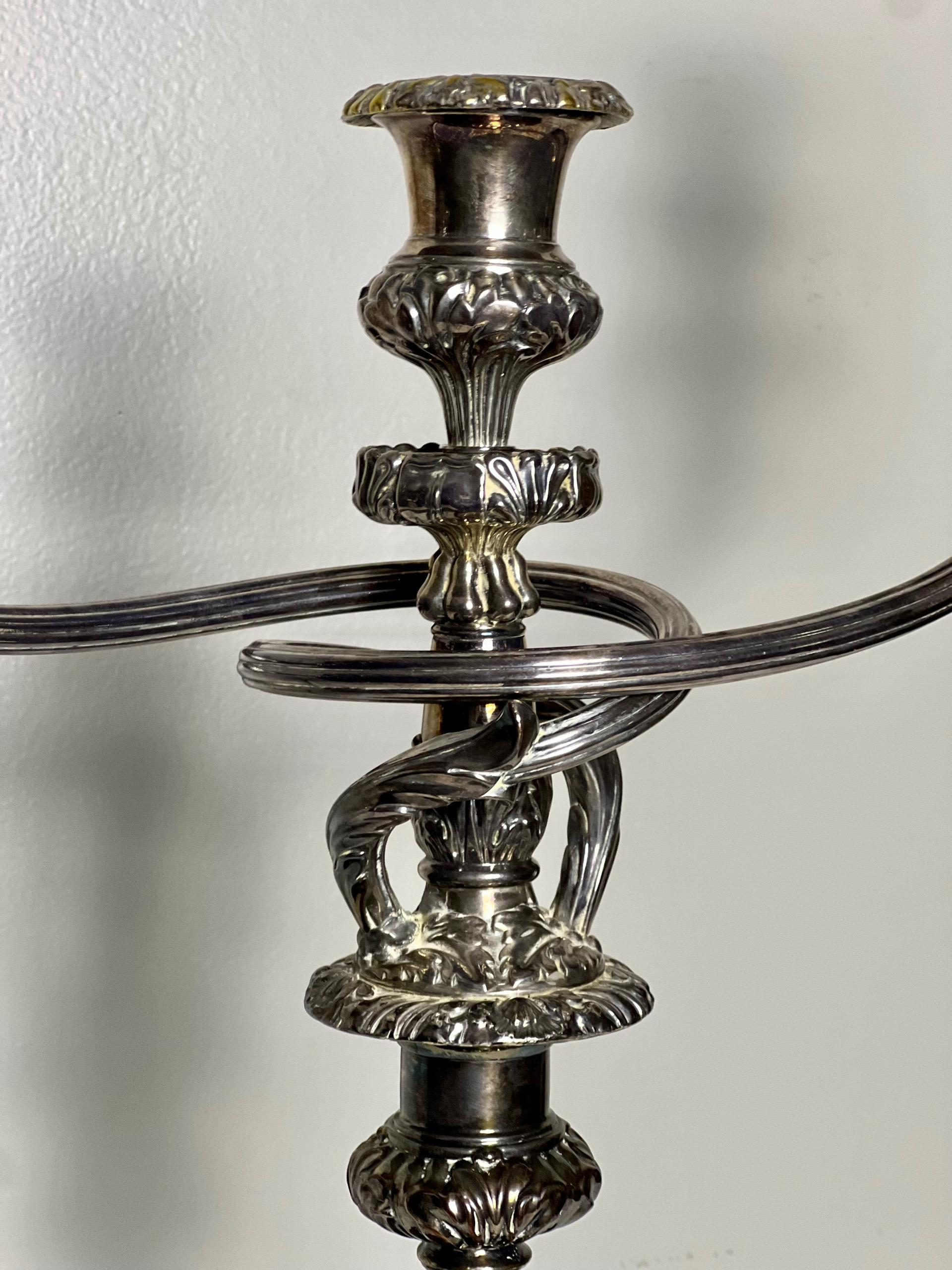 19th Century Pair of Old Sheffield Silver Plated Matthew Boulton Three Light Candelabra For Sale