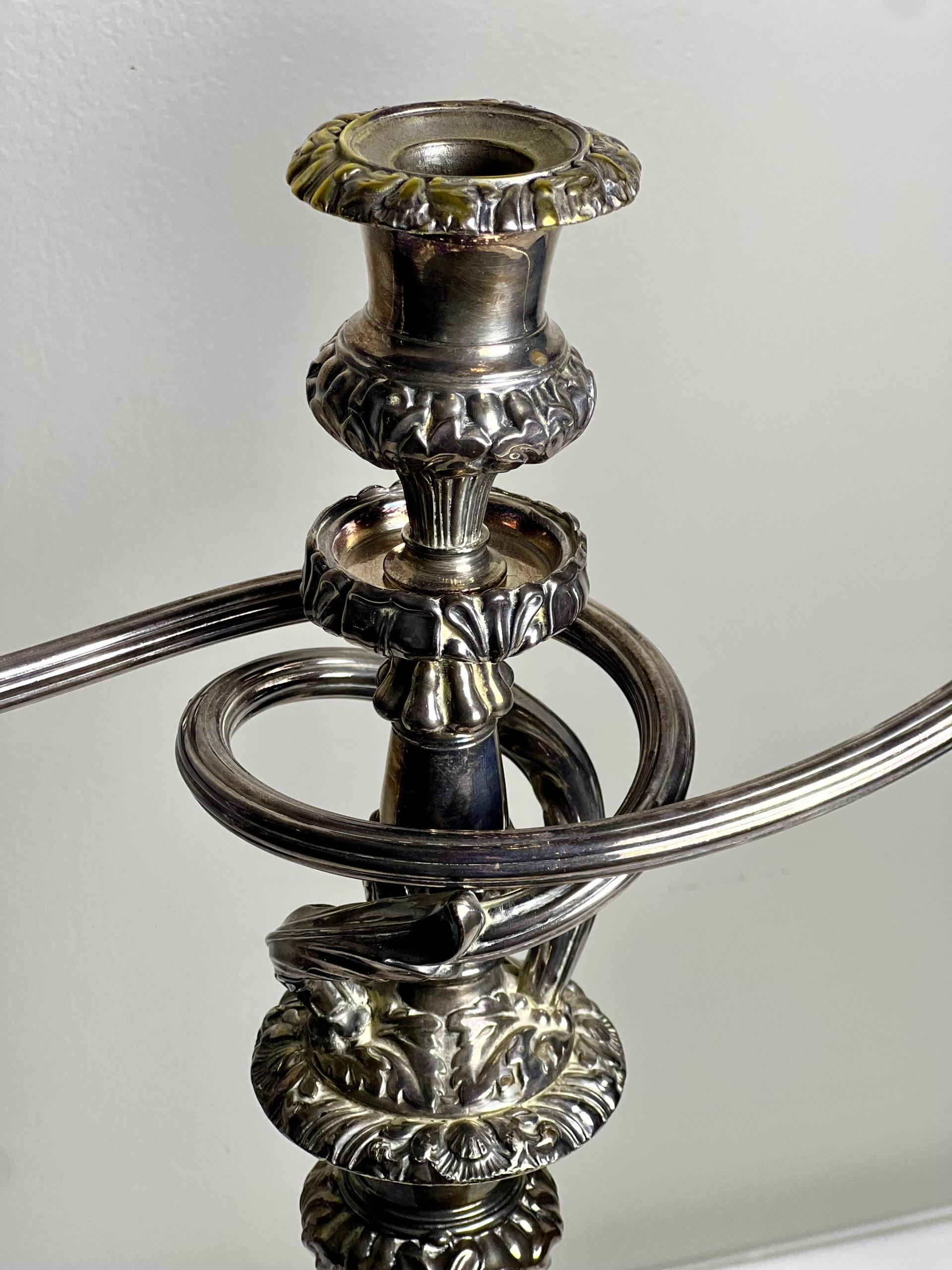 Copper Pair of Old Sheffield Silver Plated Matthew Boulton Three Light Candelabra For Sale