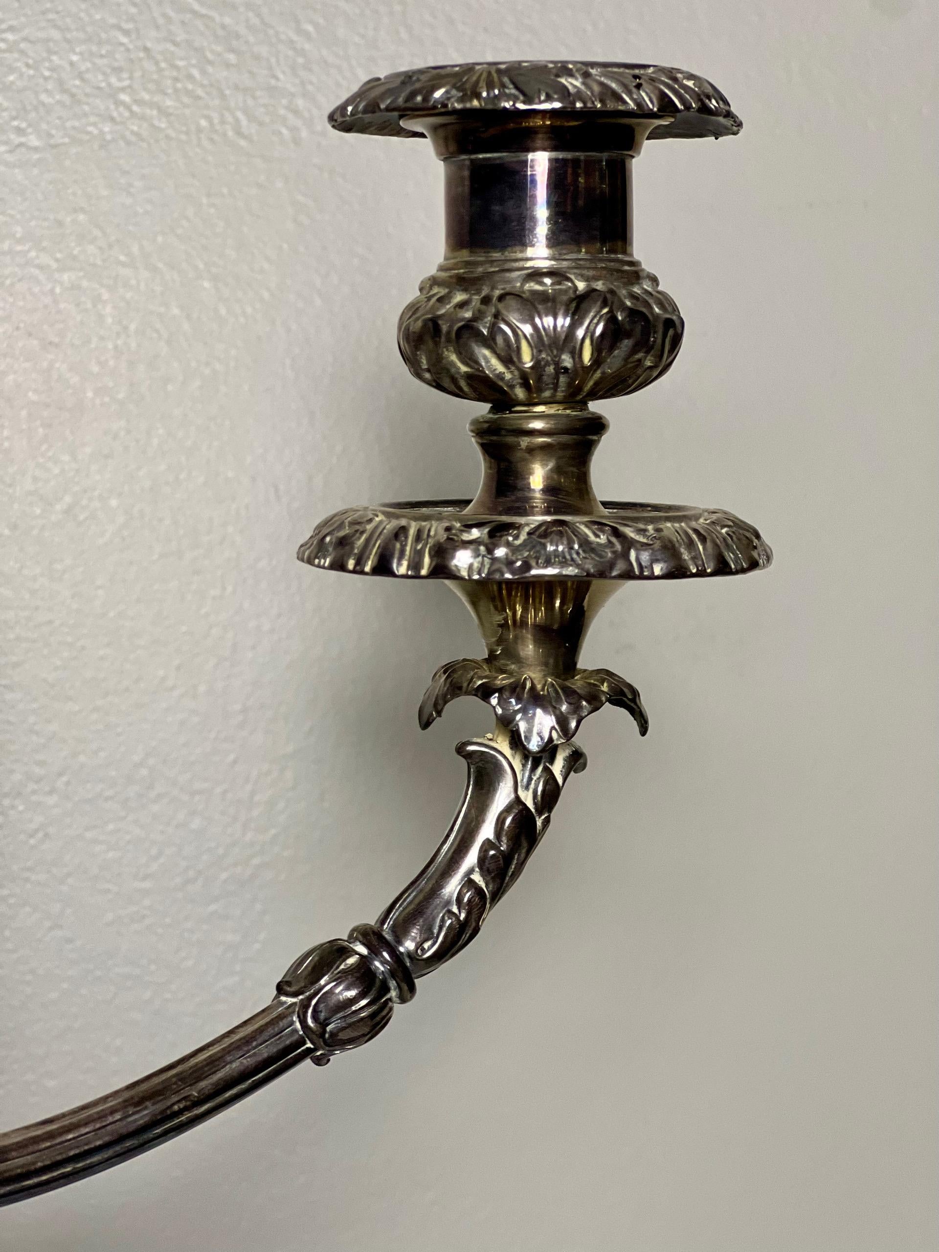 Pair of Old Sheffield Silver Plated Matthew Boulton Three Light Candelabra For Sale 2