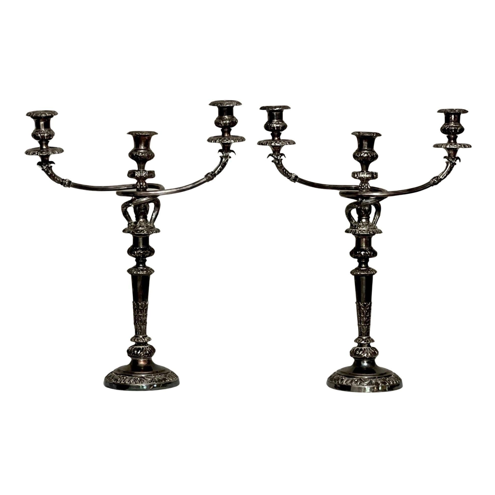 Pair of Old Sheffield Silver Plated Matthew Boulton Three Light Candelabra For Sale