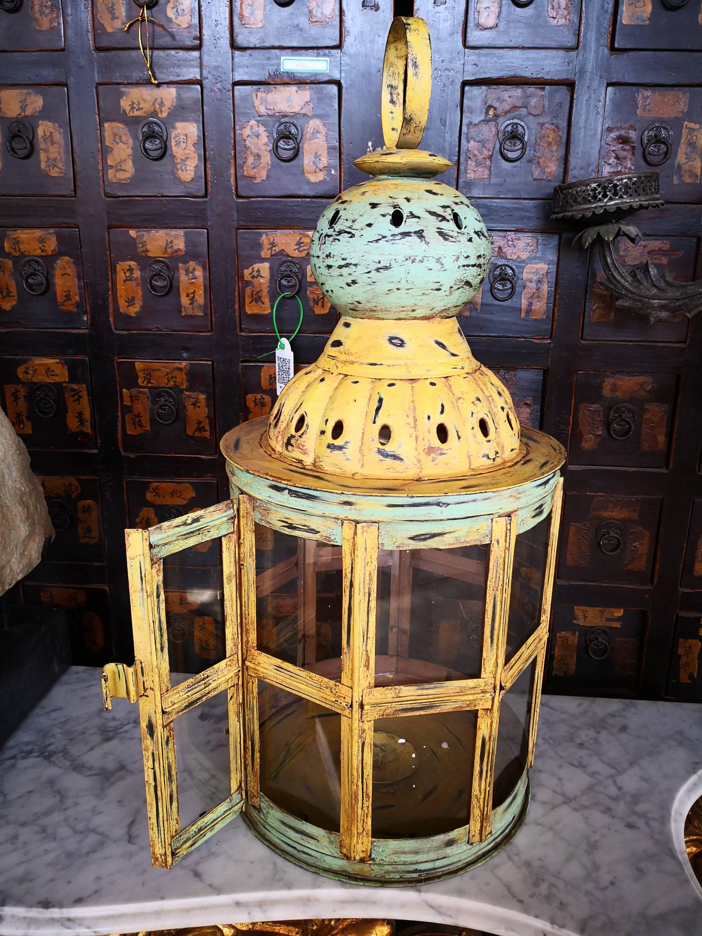 Indian Pair of Old Style Polychrome Metal Lanterns with Crystals For Sale