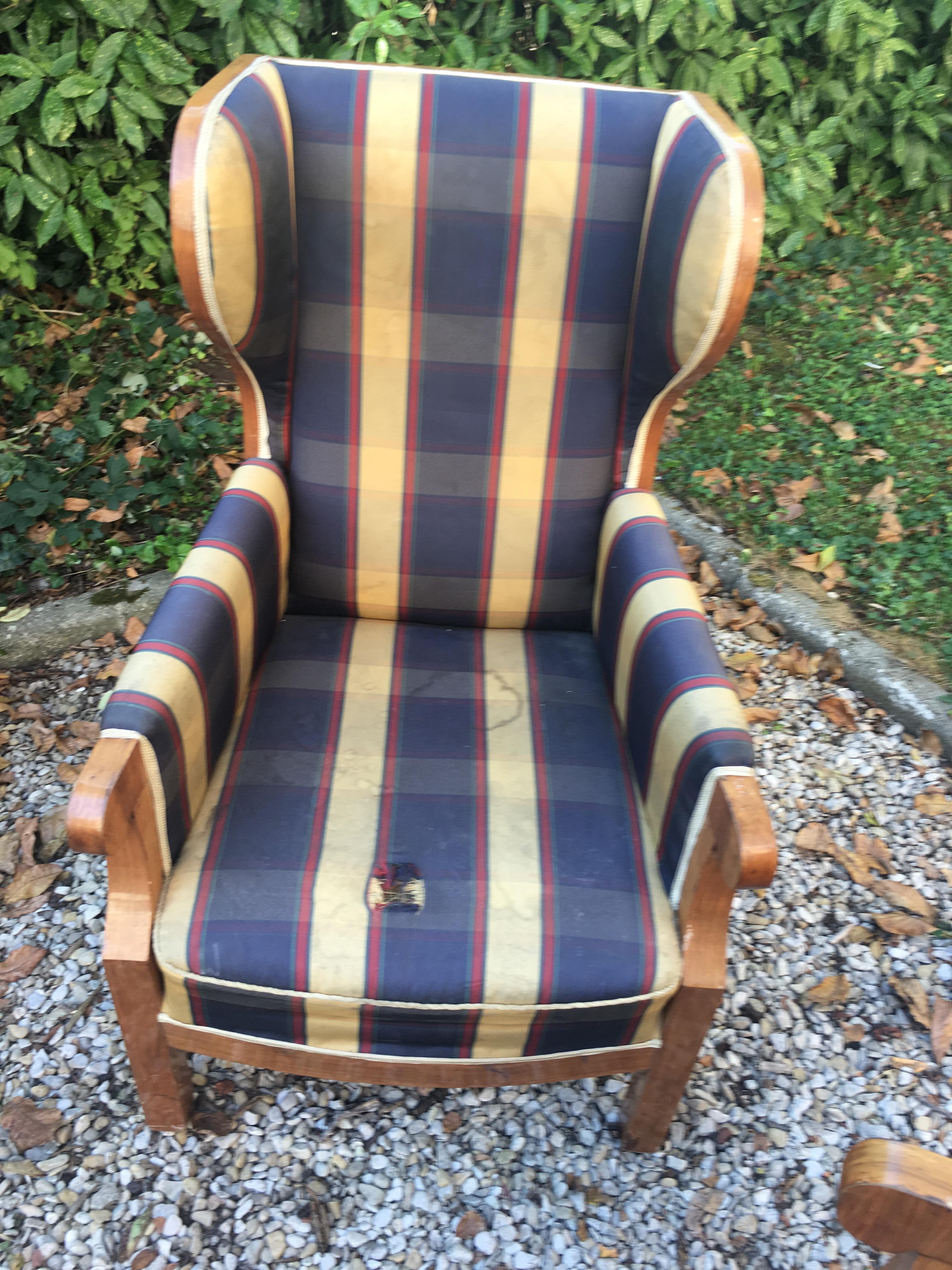 Pair of Old Walnut Veneered Wing Chairs For Sale 4