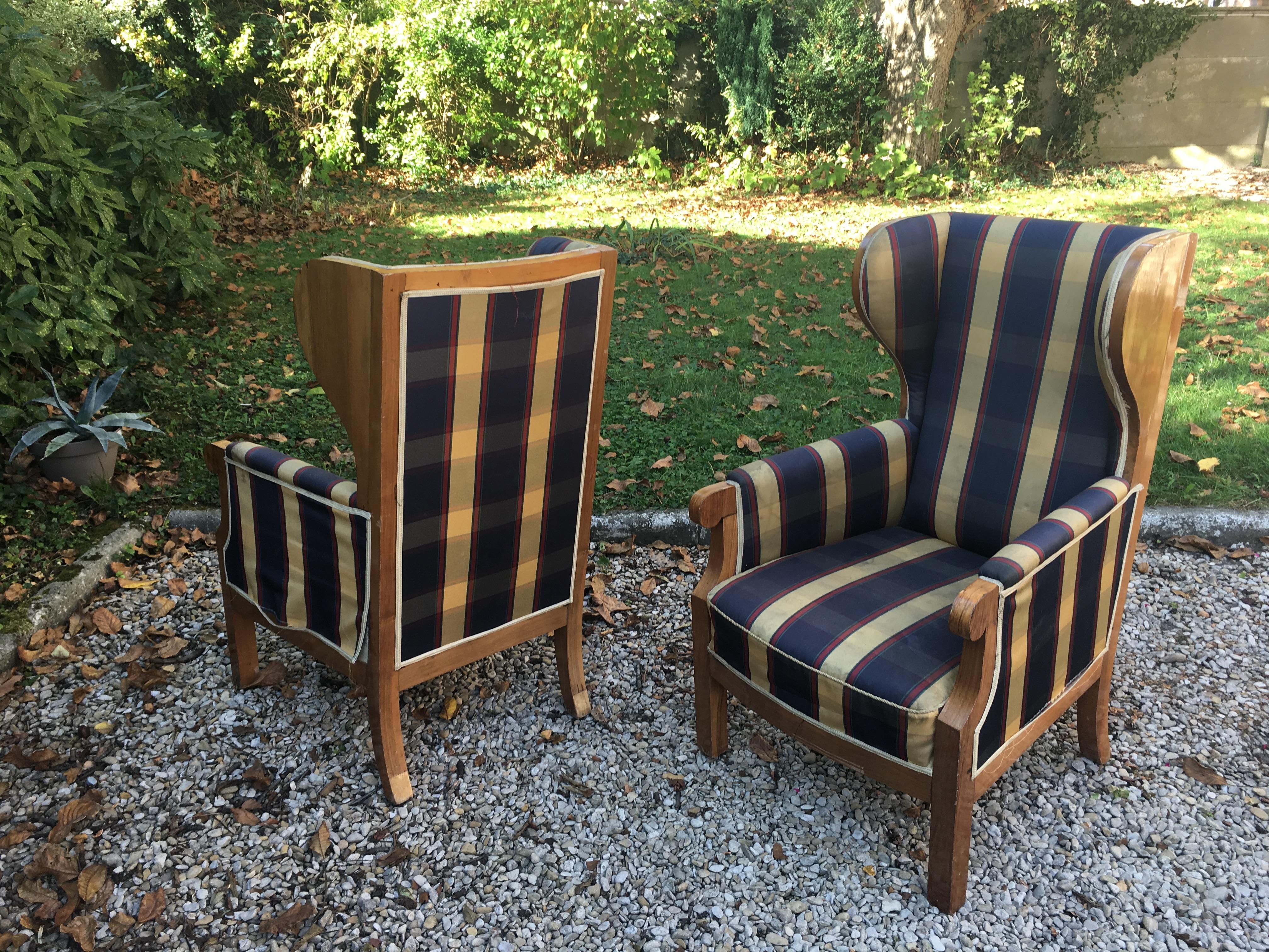 Pair of Old Walnut Veneered Wing Chairs For Sale 5