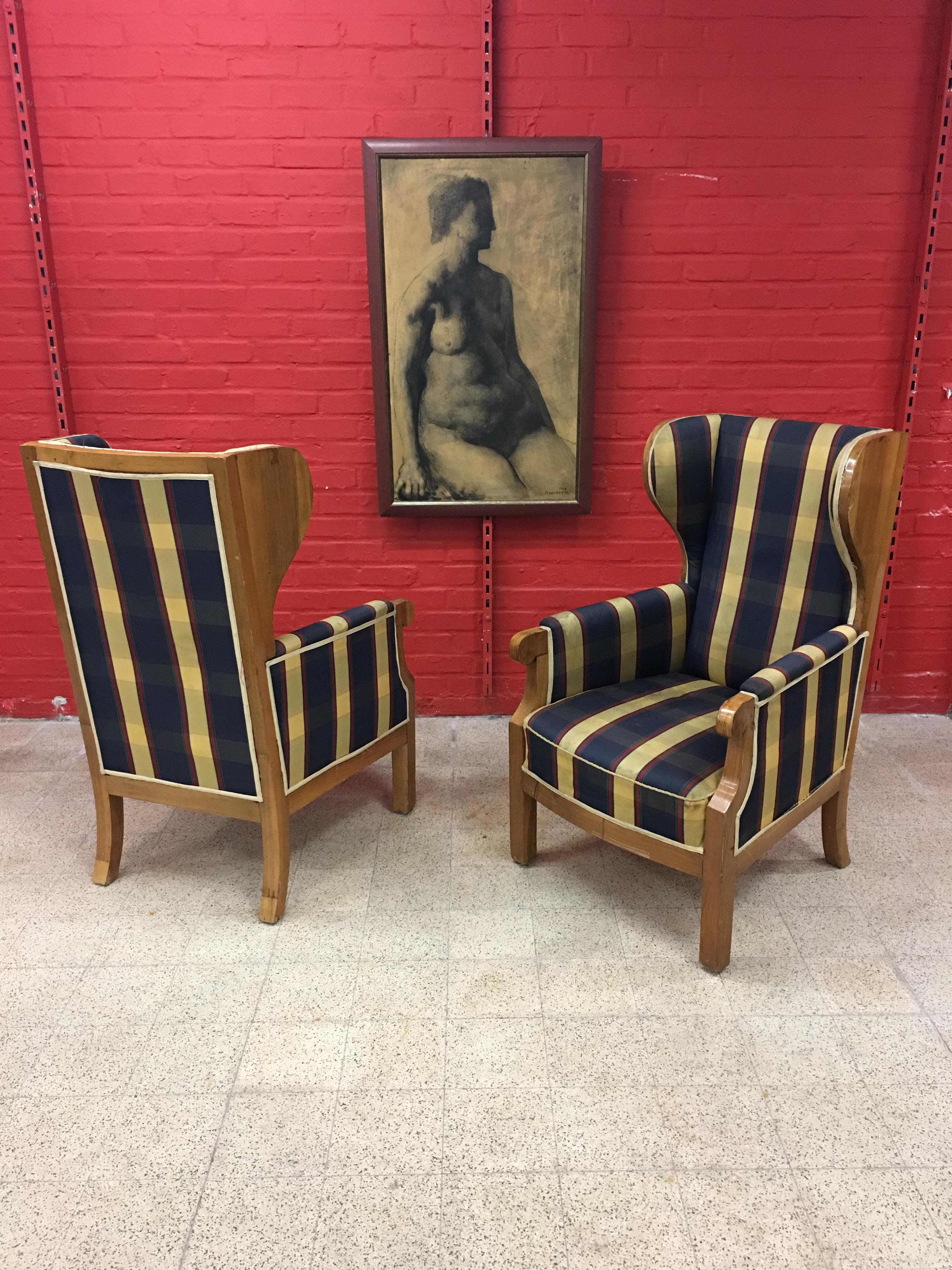 Pair of Old Walnut Veneered Wing Chairs For Sale 7