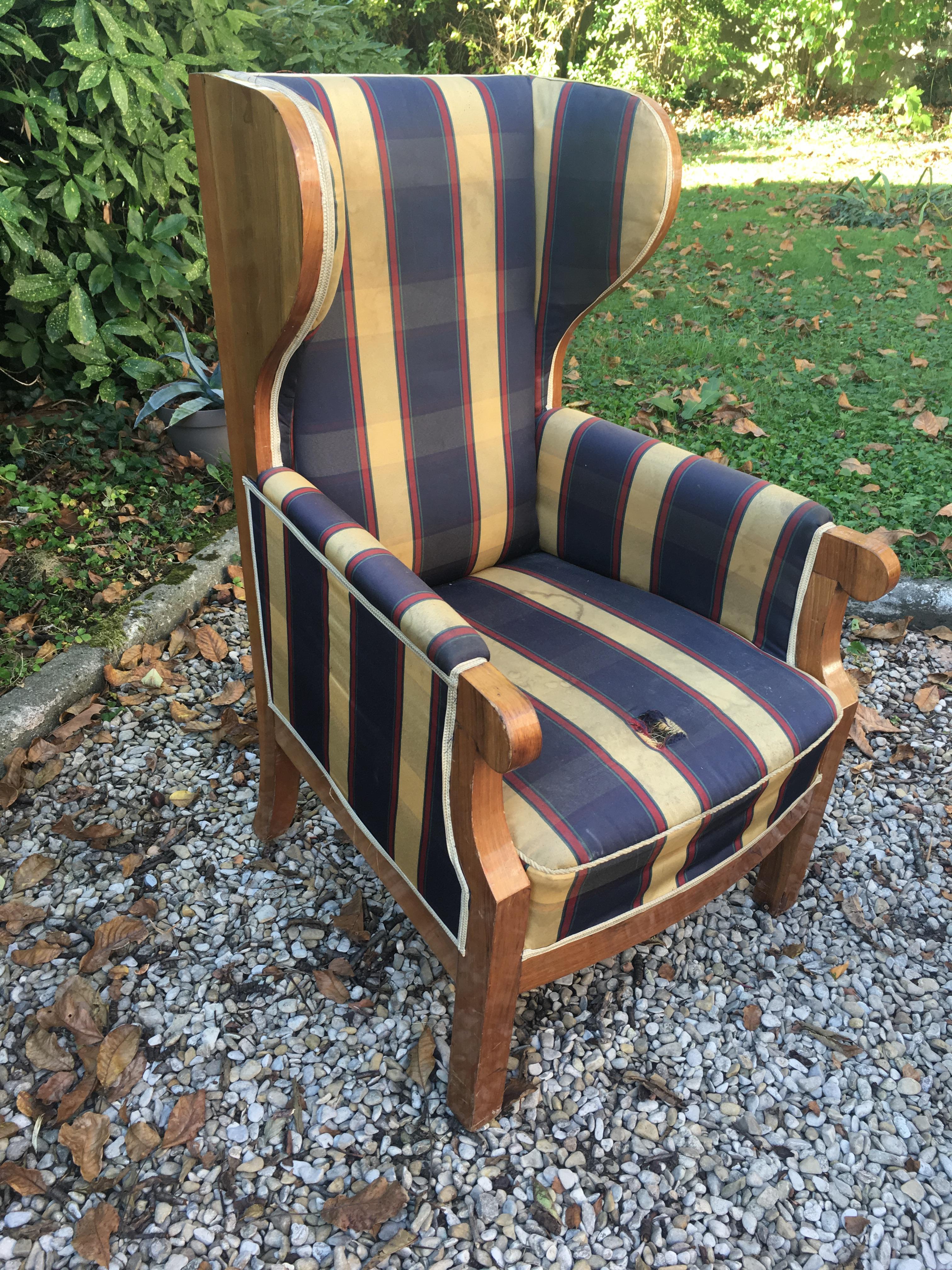 Campaign Pair of Old Walnut Veneered Wing Chairs For Sale