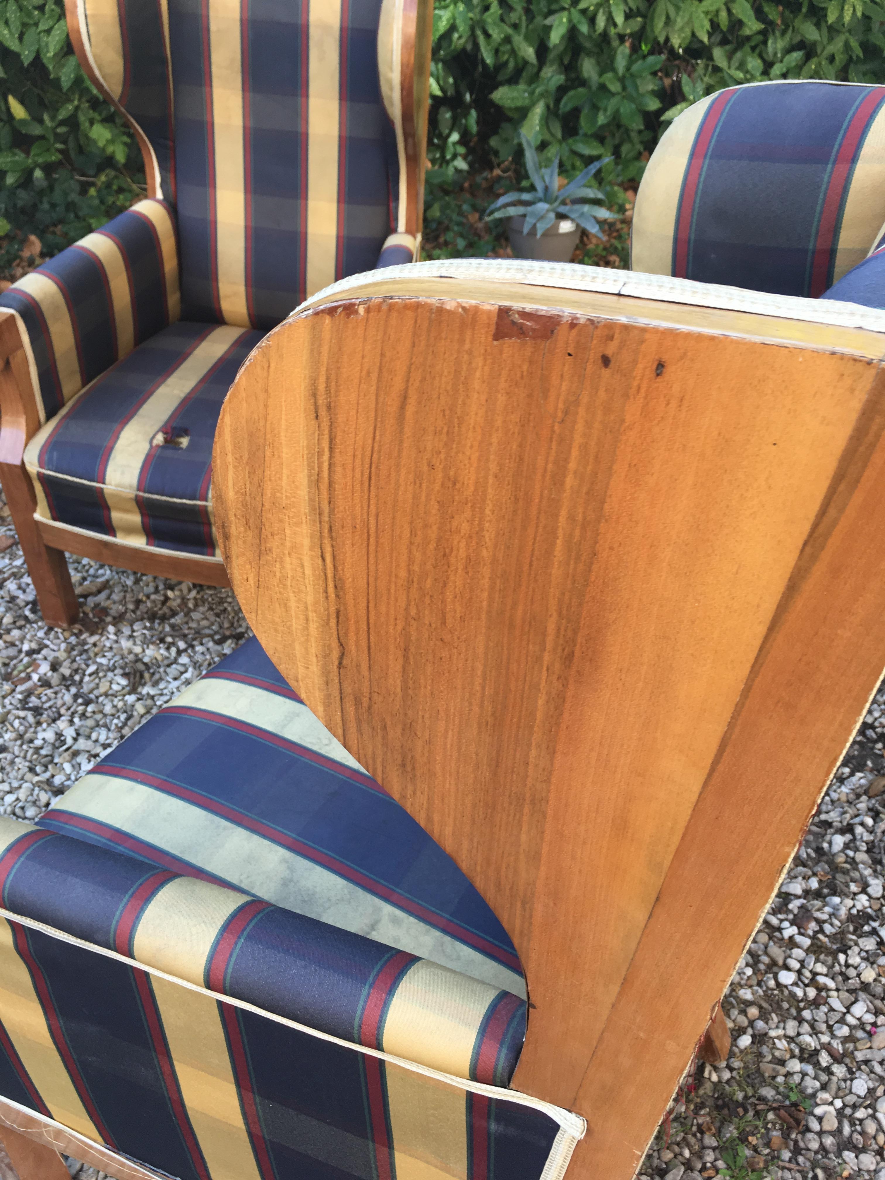 Pair of Old Walnut Veneered Wing Chairs For Sale 1