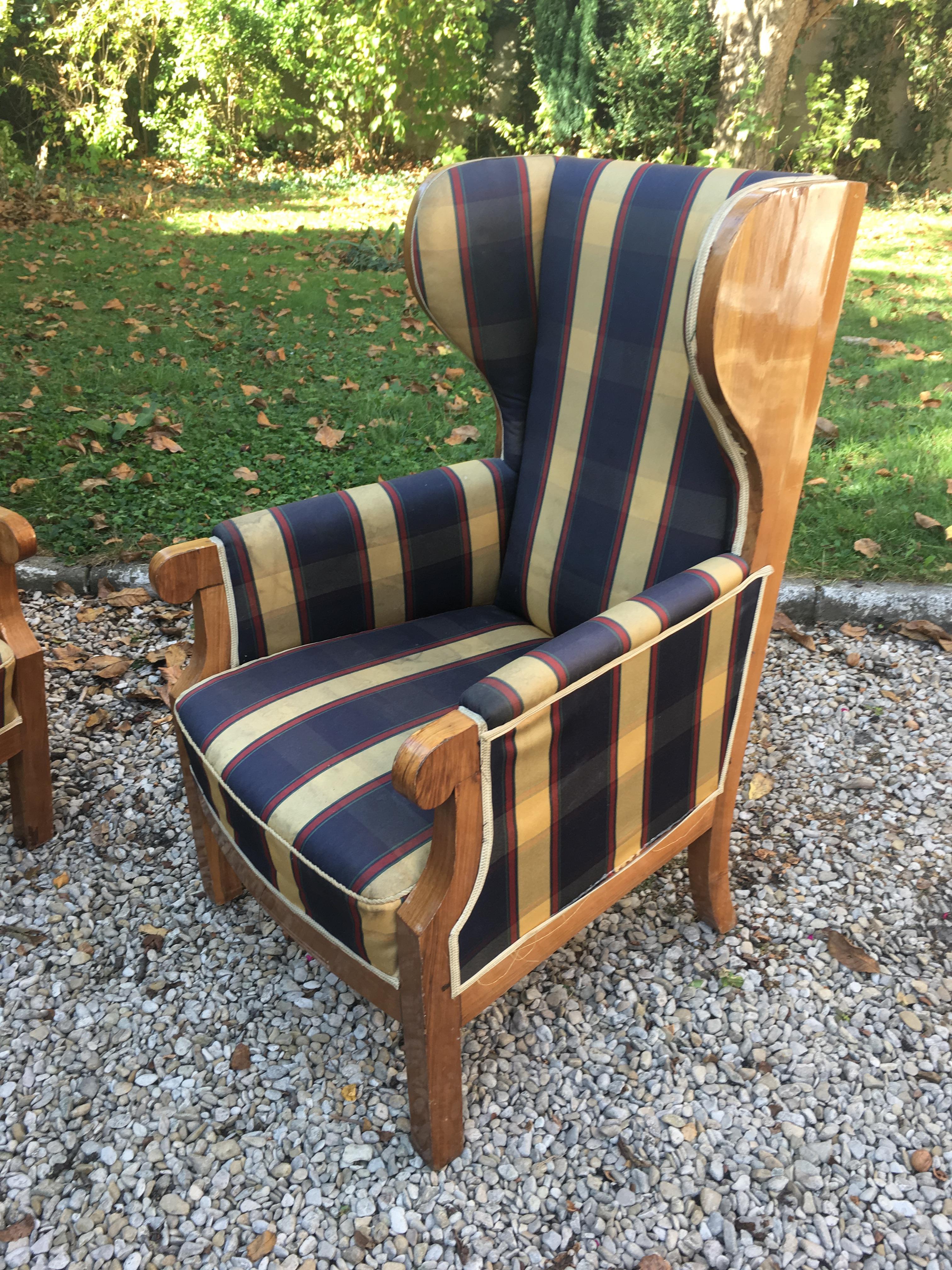 Pair of Old Walnut Veneered Wing Chairs For Sale 3