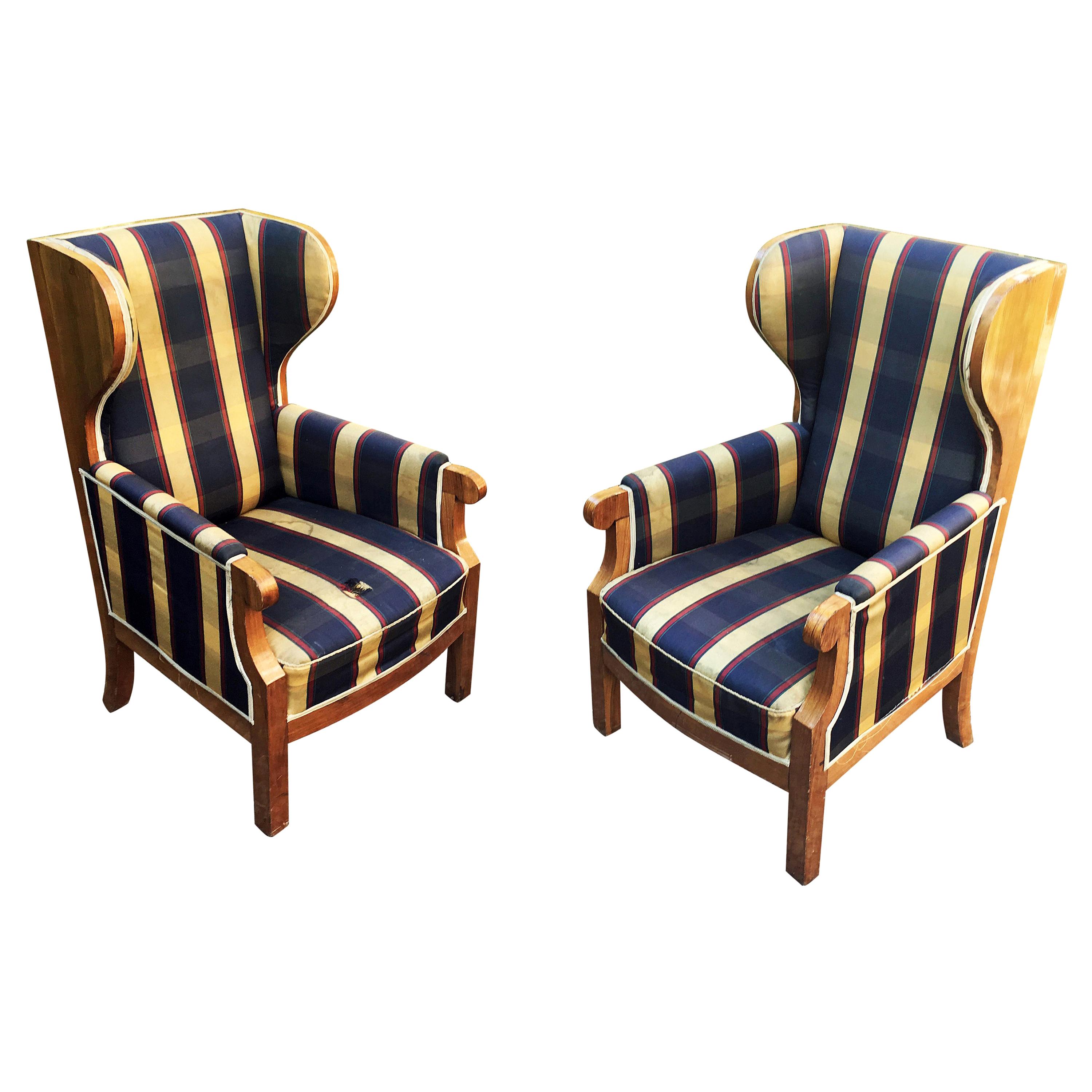 Pair of Old Walnut Veneered Wing Chairs