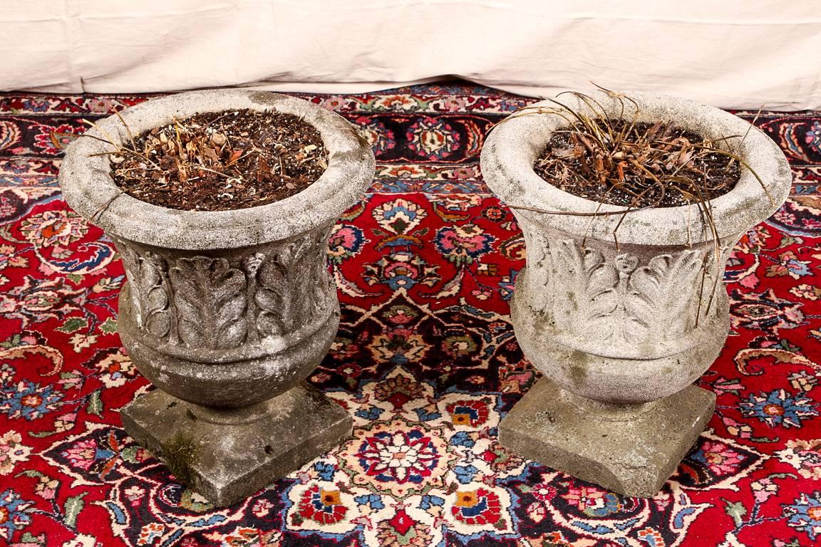 Pair of cement garden urns, decorated with tall leaves in relief, raised on square bases, nicely weathered finish.

Condition: Expected wear and signs of use including some scratching, one with chip to base of corner.