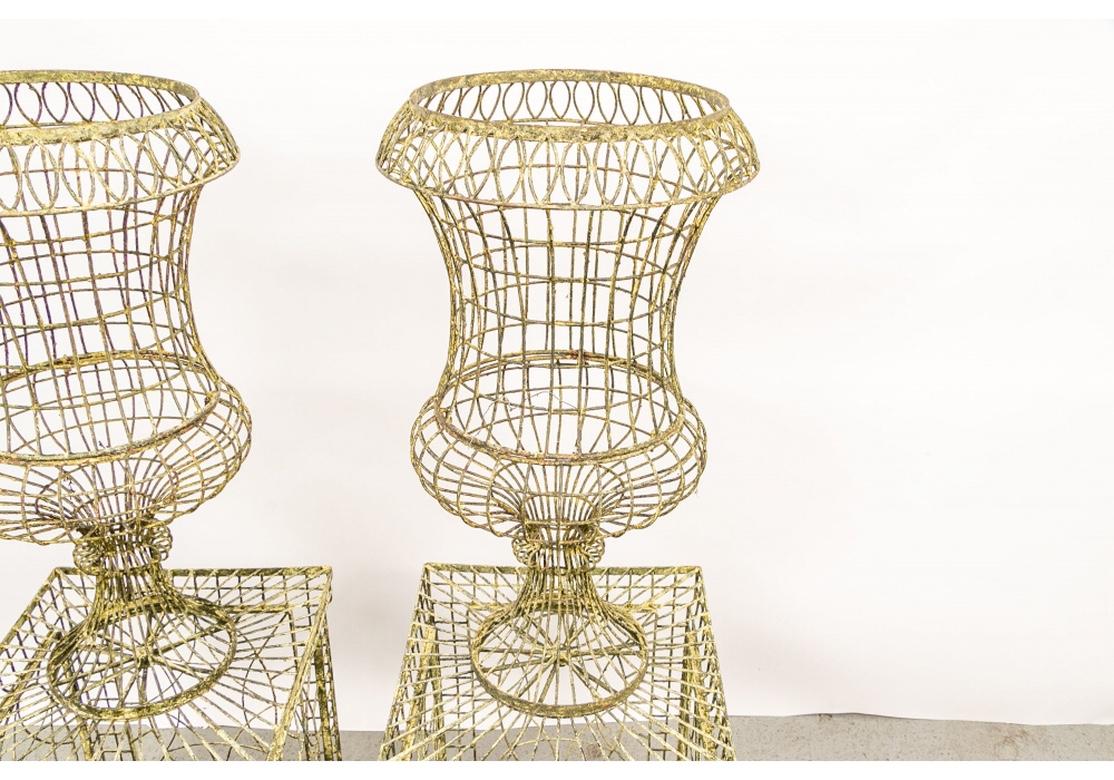 20th Century Pair of Older Painted Wire Garden Urns on Pedestals
