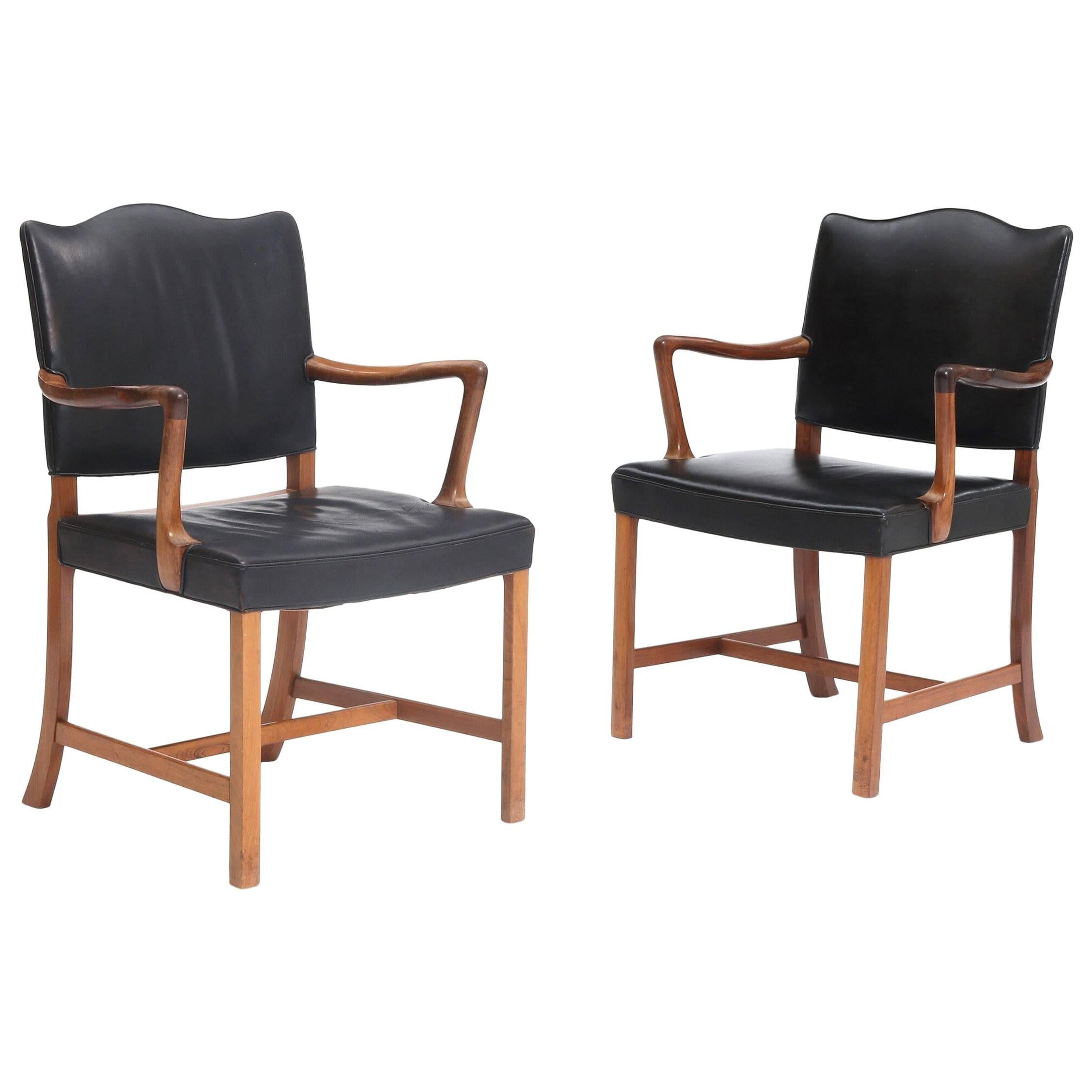 Pair of Ole Wanscher Chairs of Rosewood and Black Leather Labelled by AJ Iversen For Sale