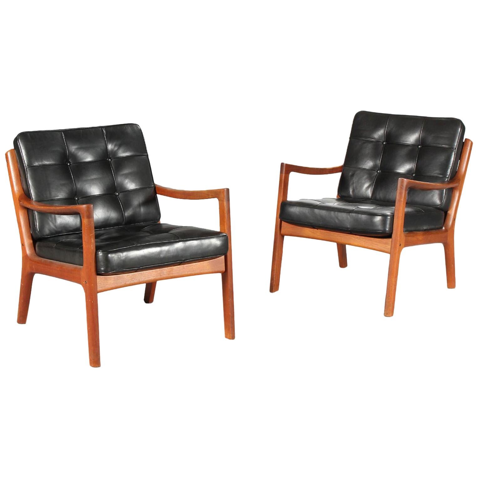Pair of Ole Wanscher Danish Modern Teak and Leather Senator Lounge Chairs
