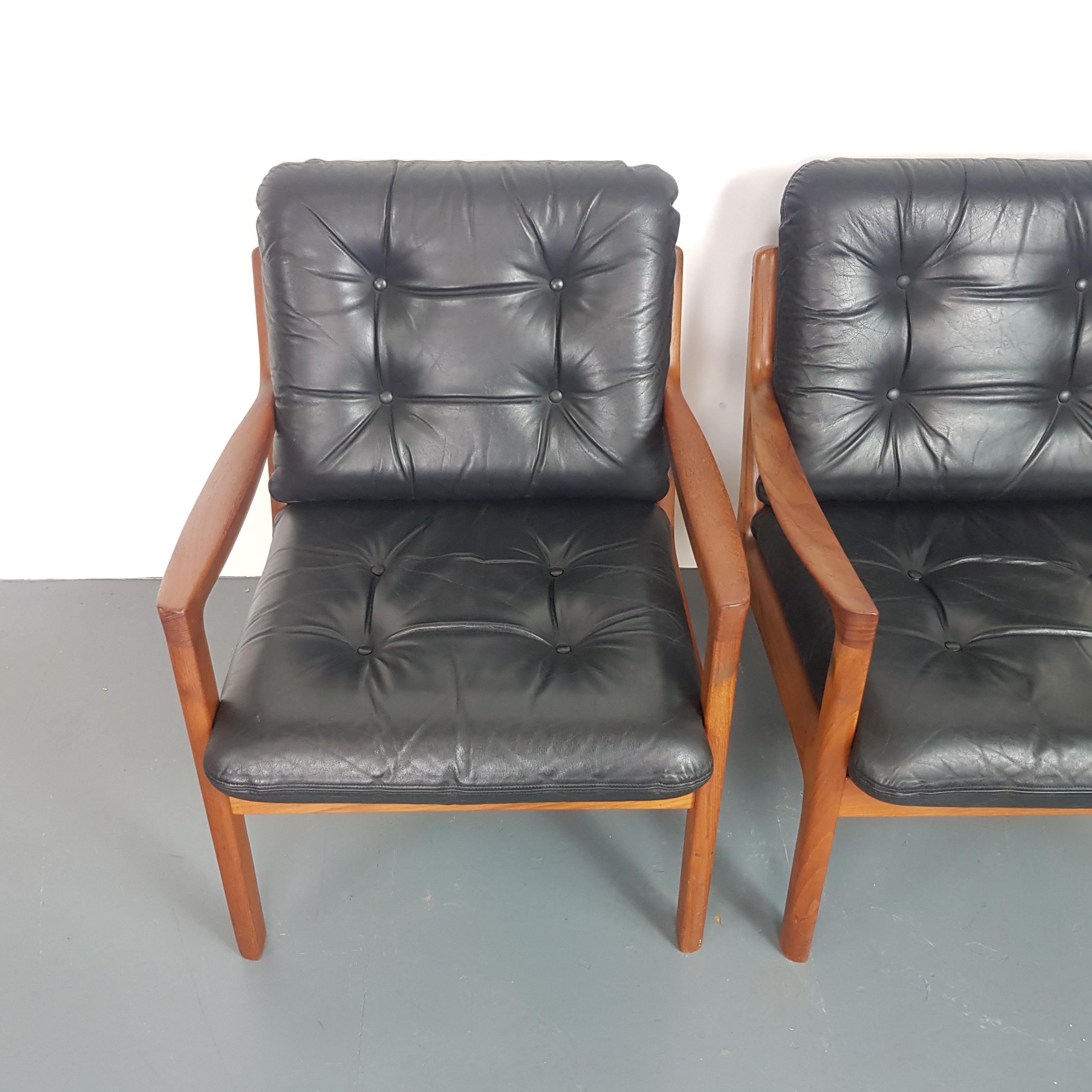 20th Century Pair of Ole Wanscher for France & Son Denmark, 1960s Teak Lounge Chairs Leather For Sale