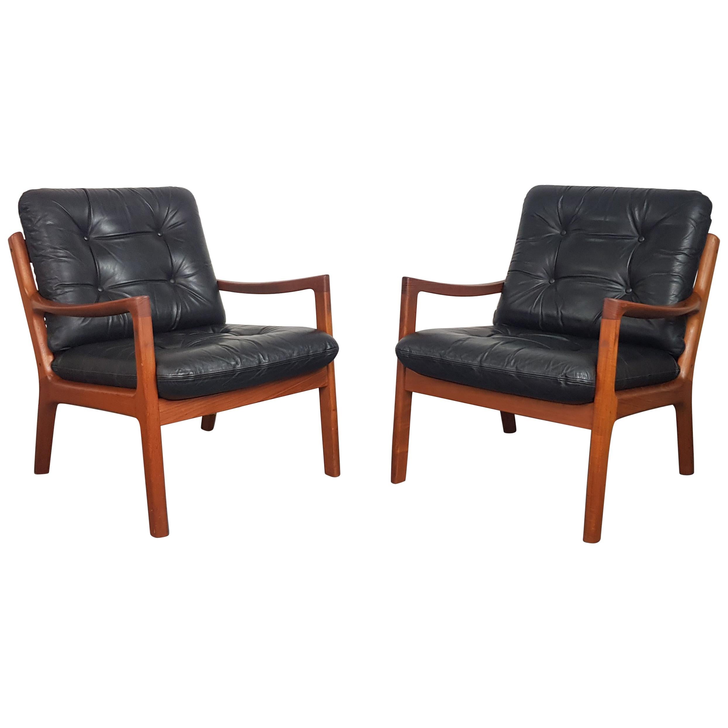 Pair of Ole Wanscher for France & Son Denmark, 1960s Teak Lounge Chairs Leather For Sale