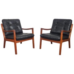 Pair of Ole Wanscher for France & Son Denmark, 1960s Teak Lounge Chairs Leather