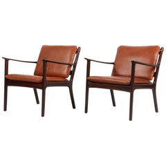 Pair of Ole Wanscher Lounge Chairs, Model PJ112, Cognac Aniline Leather