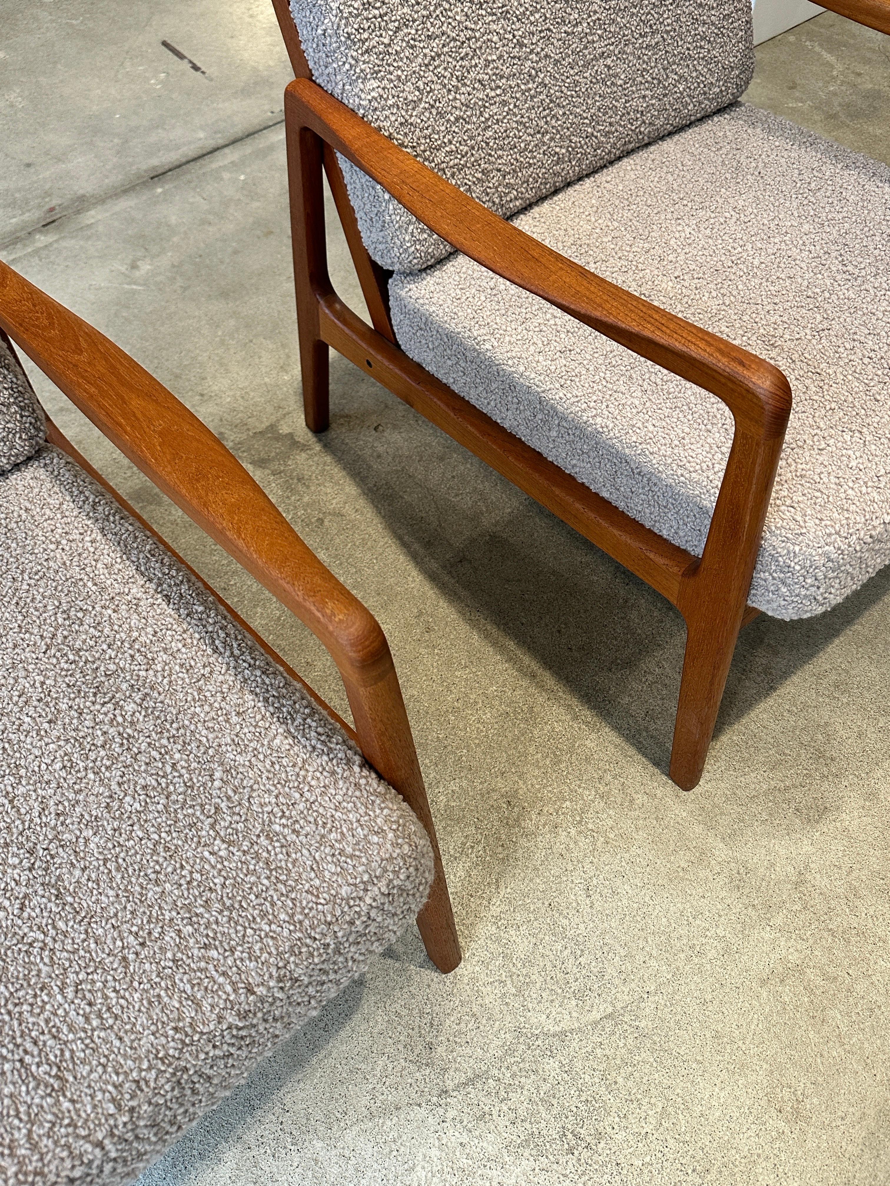 Scandinavian Modern Pair of Ole Wanscher Lounge Chairs Teak & Bouclé Wool Upholstery Dedar Luxe 1960