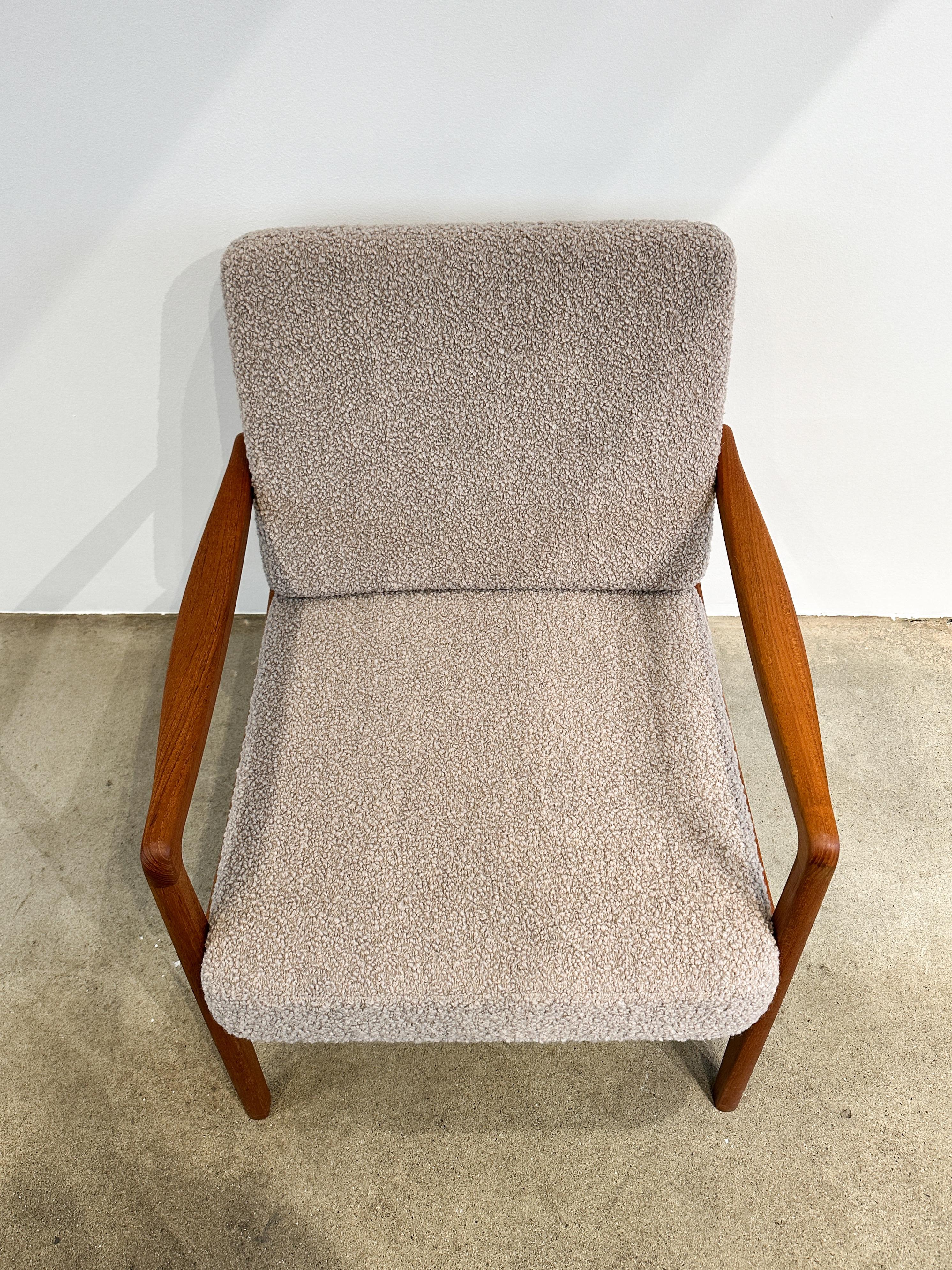 Mid-20th Century Pair of Ole Wanscher Lounge Chairs Teak & Bouclé Wool Upholstery Dedar Luxe 1960