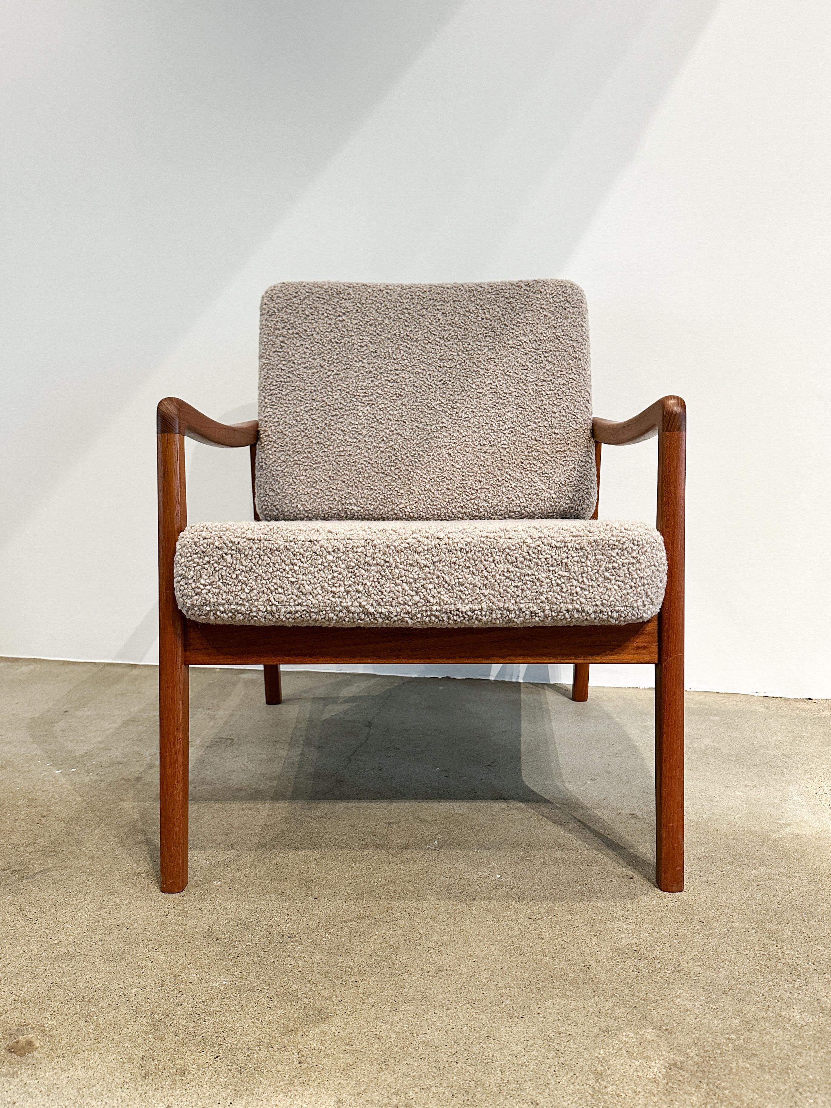 Pair of Ole Wanscher Lounge Chairs Teak & Bouclé Wool Upholstery Dedar Luxe 1960 1