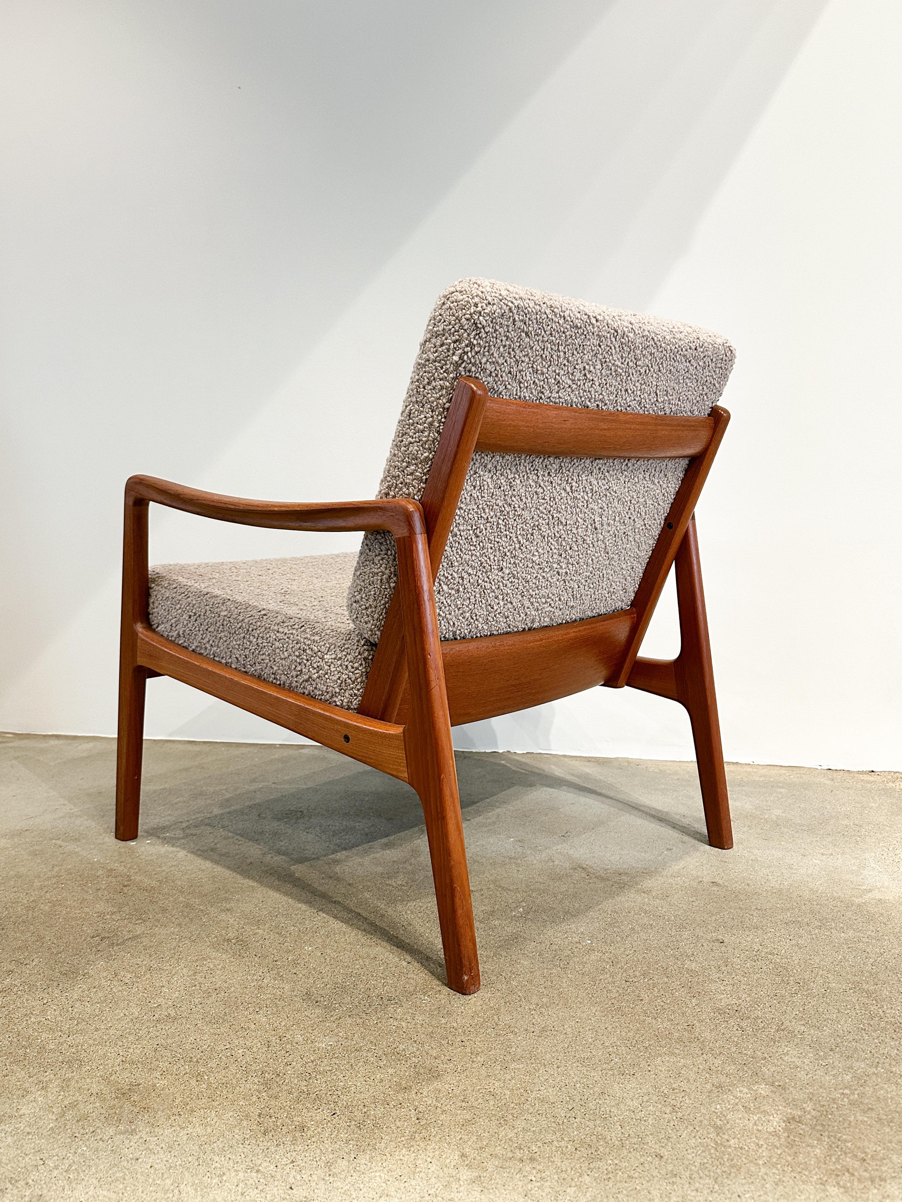 Pair of Ole Wanscher Lounge Chairs Teak & Bouclé Wool Upholstery Dedar Luxe 1960 2