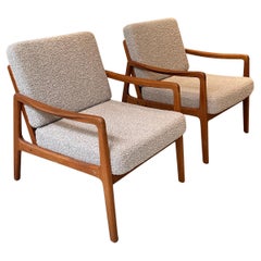 Pair of Ole Wanscher Lounge Chairs Teak & Bouclé Wool Upholstery Dedar Luxe 1960
