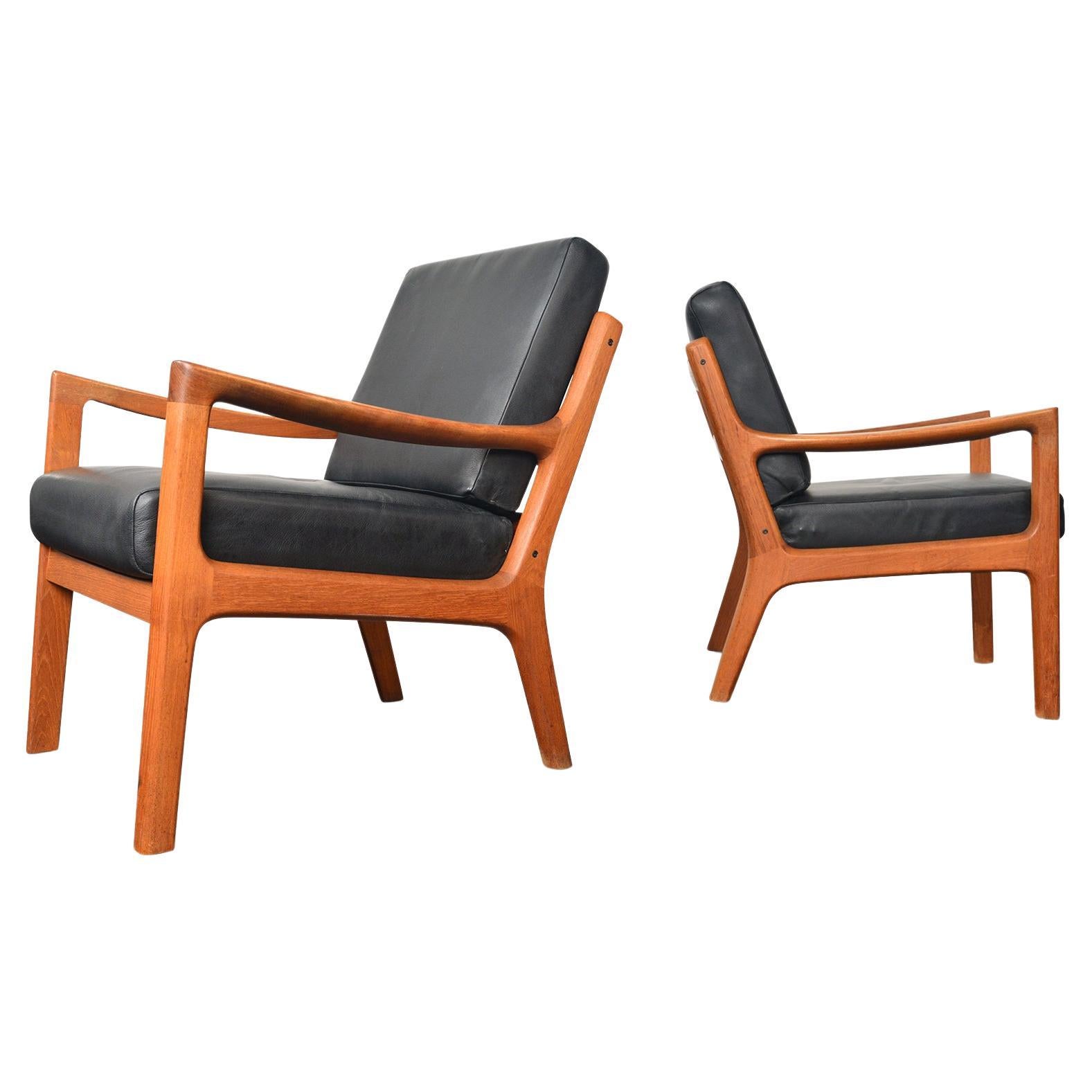 Pair of Ole Wanscher Senator Lounge Chairs in Teak + Black Leather #2