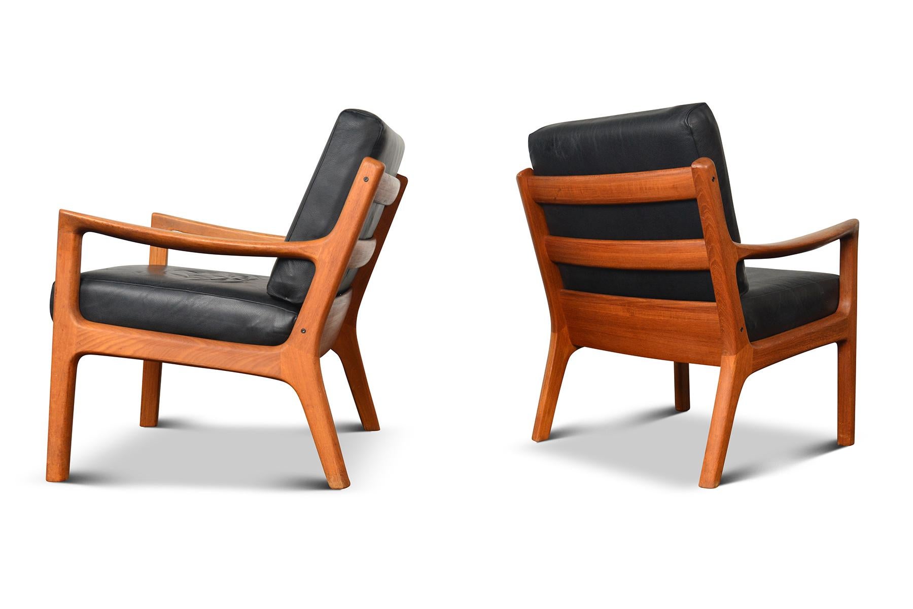 Pair of Ole Wanscher Senator Lounge Chairs in Teak + Black Leather 2