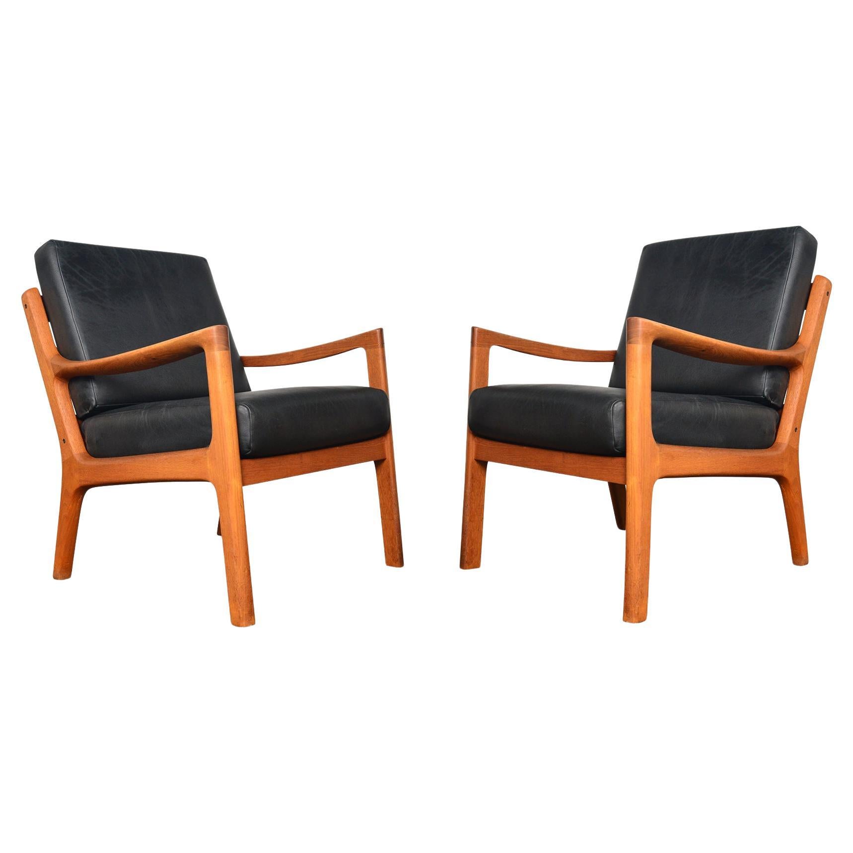 Pair of Ole Wanscher Senator Lounge Chairs in Teak + Black Leather