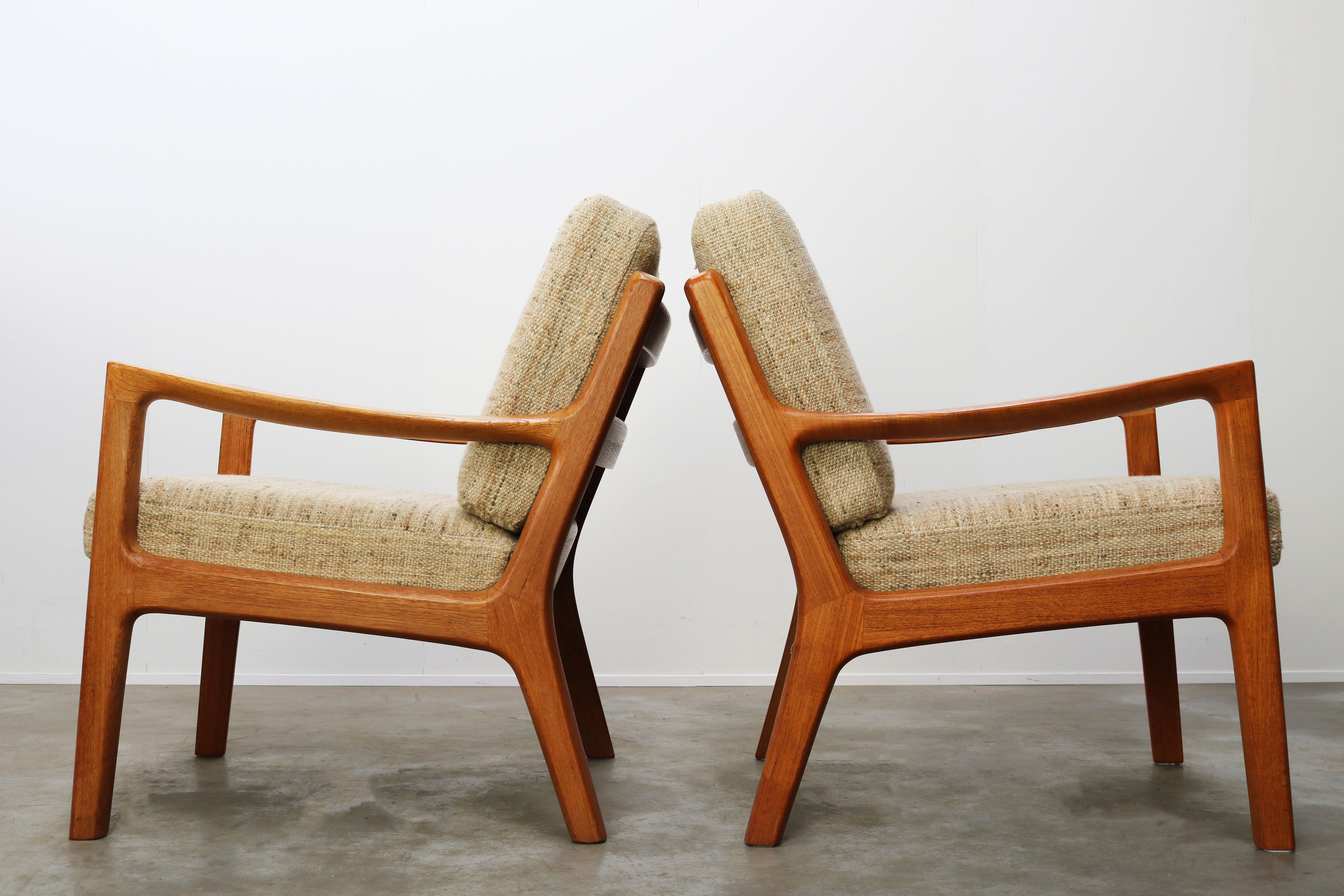 Mid-20th Century Pair of Ole Wanscher Senator Lounge Chairs in Teak White Wool P. Jeppesen, 1950s
