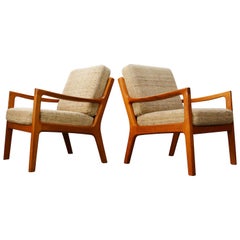 Pair of Ole Wanscher Senator Lounge Chairs in Teak White Wool P. Jeppesen, 1950s