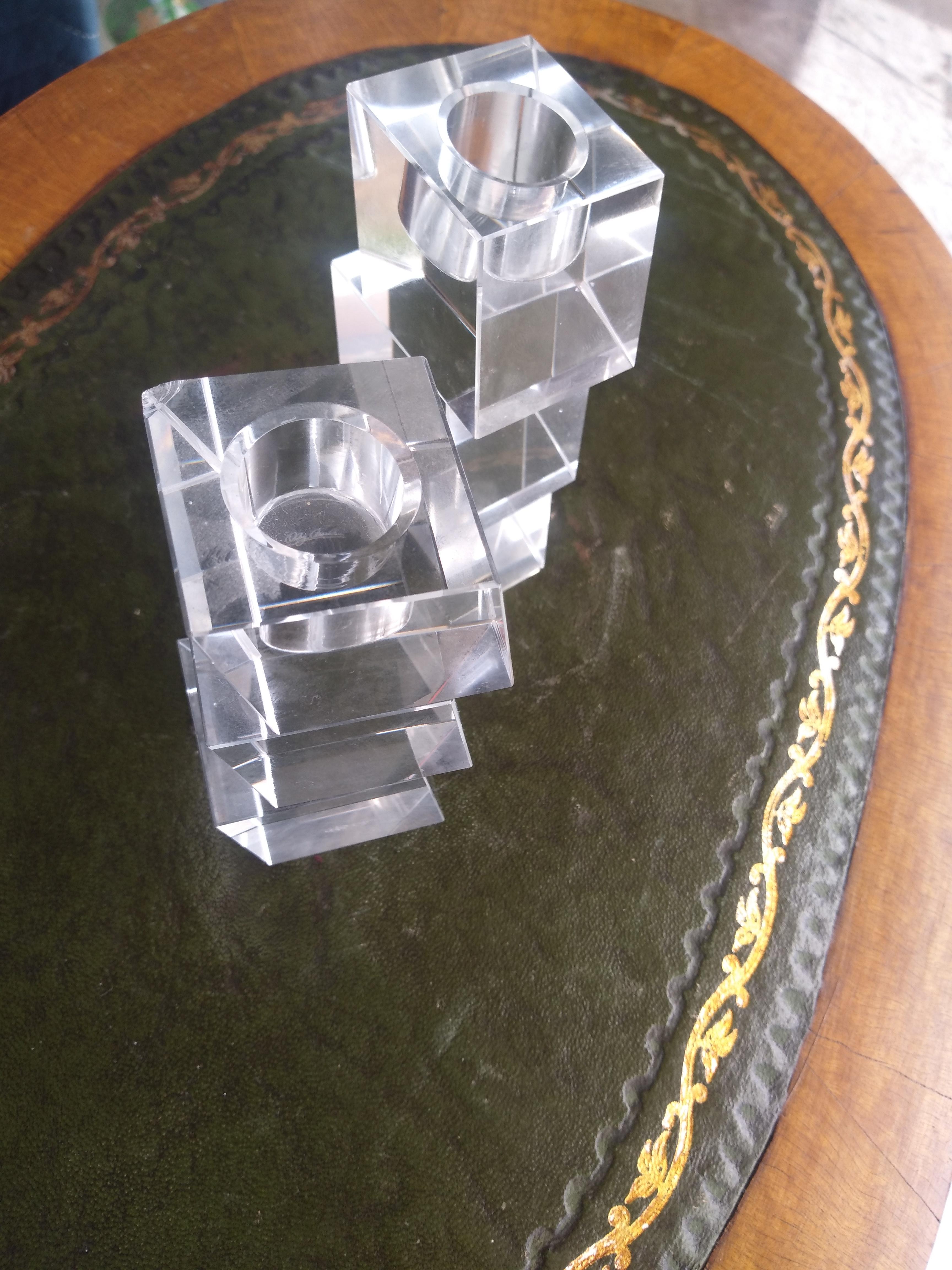 Mid-Century Modern Pair of Oleg Cassini Crystal Stacked Cube Candleholders For Sale