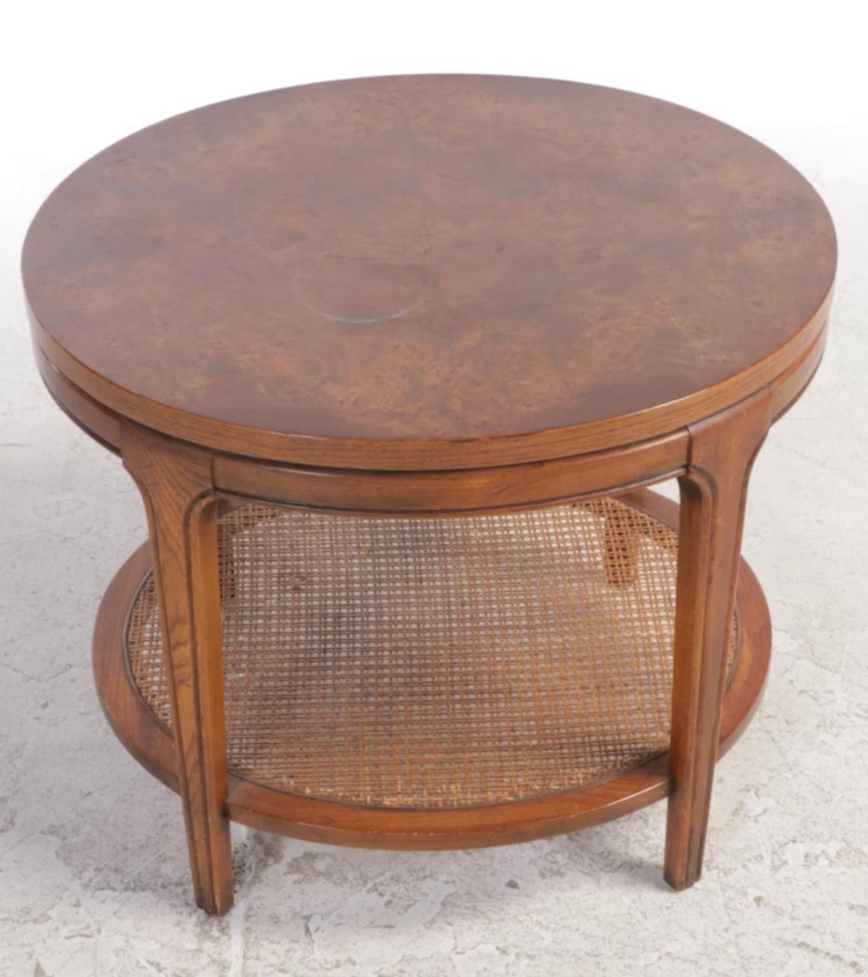 Mid-Century Modern Pair of Olive Ash Burl, Ash and Caned Side Tables For Sale