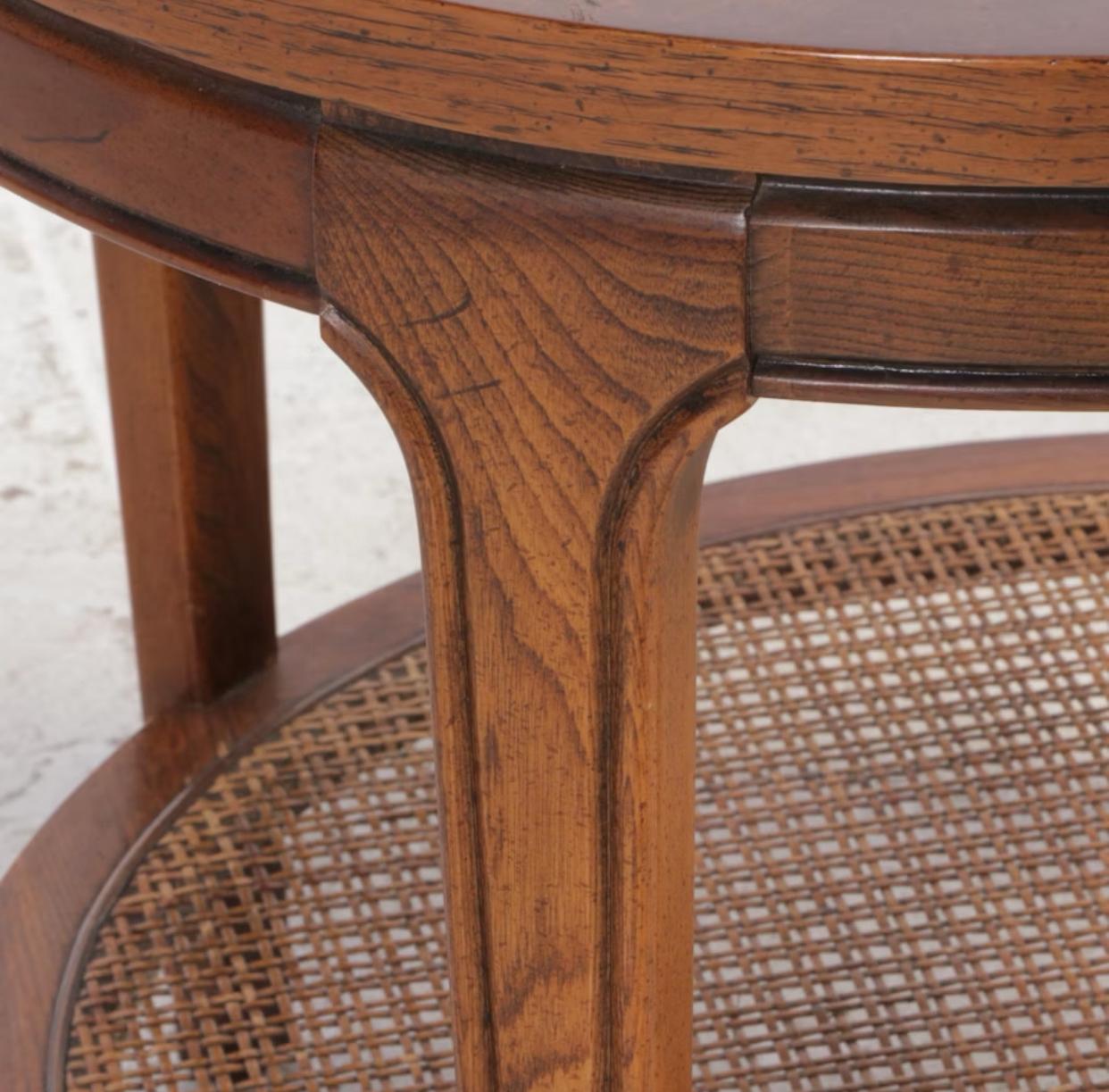 American Pair of Olive Ash Burl, Ash and Caned Side Tables For Sale