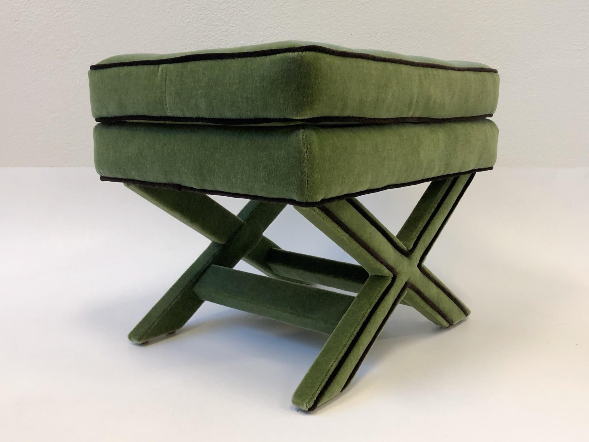 Pair of Olive Green and Brown Mohair X Base Ottomans by Billy Baldwin 1