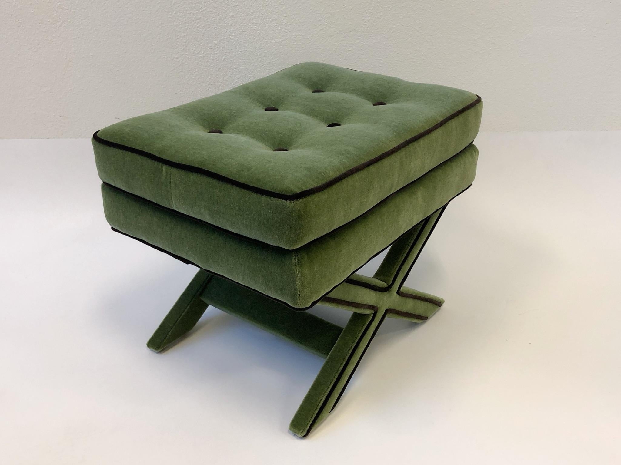 Pair of Olive Green and Brown Mohair X Base Ottomans by Billy Baldwin 2