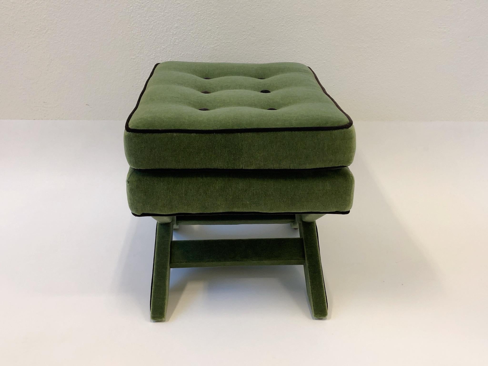 Pair of Olive Green and Brown Mohair X Base Ottomans by Billy Baldwin 3