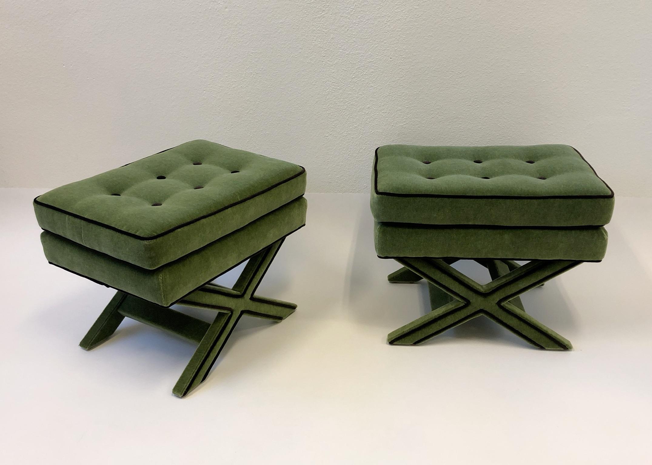 Pair of Olive Green and Brown Mohair X Base Ottomans by Billy Baldwin 4