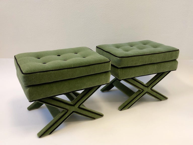 Pair of Olive Green and Brown Mohair X Base Ottomans by Billy Baldwin