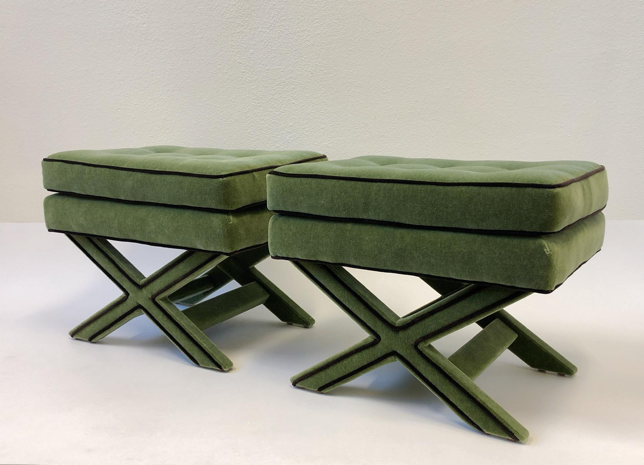 Hollywood Regency Pair of Olive Green and Brown Mohair X Base Ottomans by Billy Baldwin