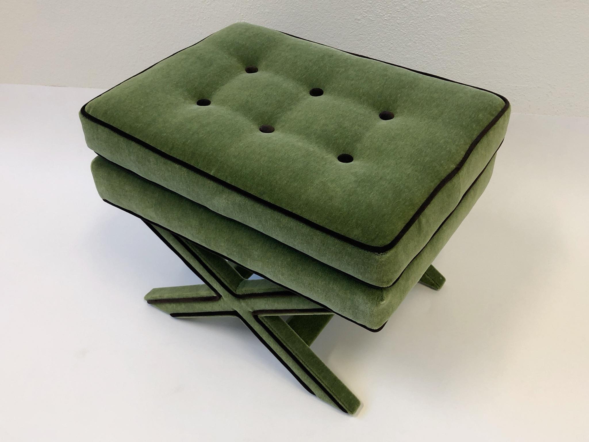 Pair of Olive Green and Brown Mohair X Base Ottomans by Billy Baldwin In Excellent Condition In Palm Springs, CA